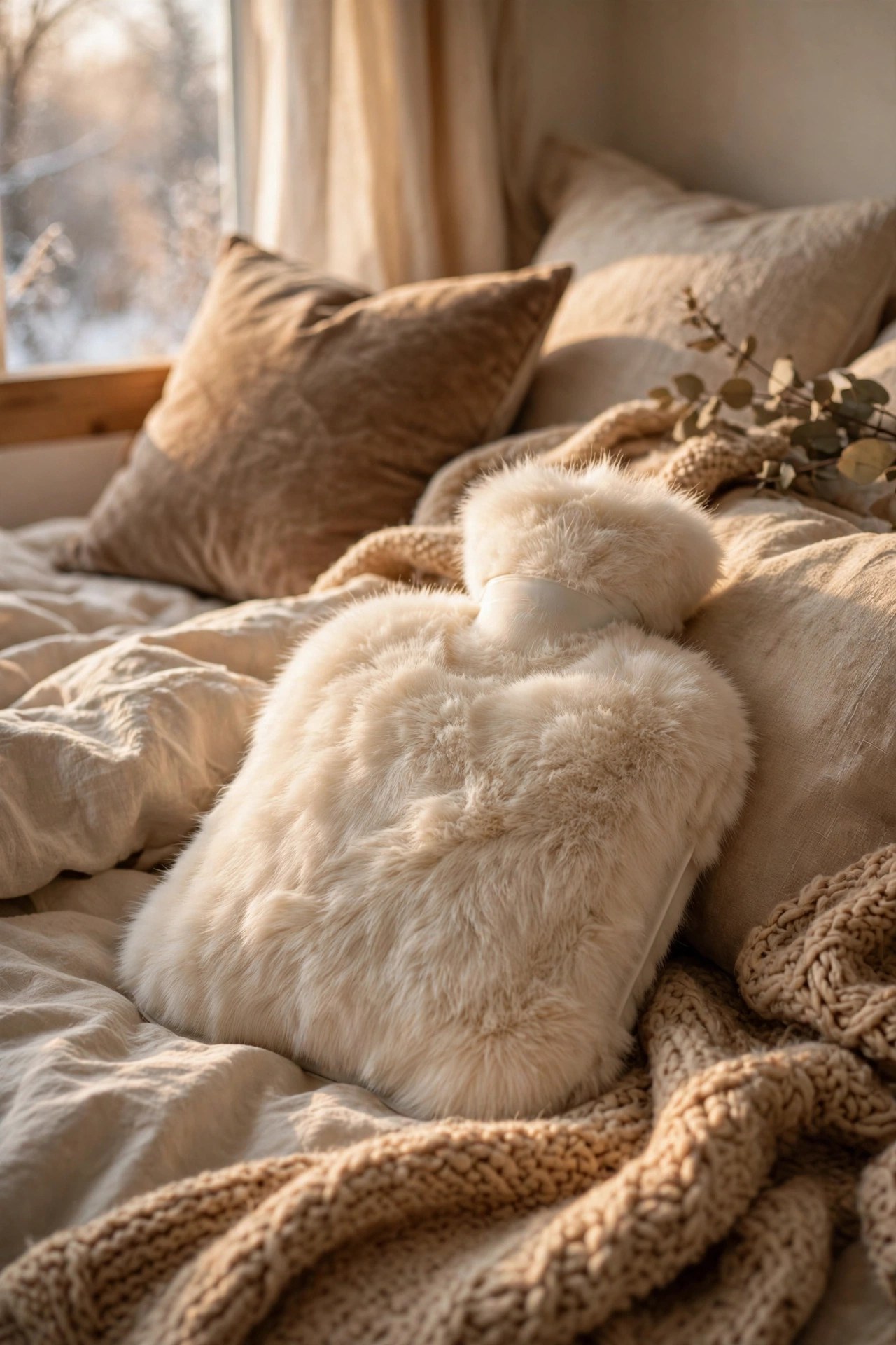Hot water bottle with luxurious faux fur cover on a bed, cozy winter gift for her