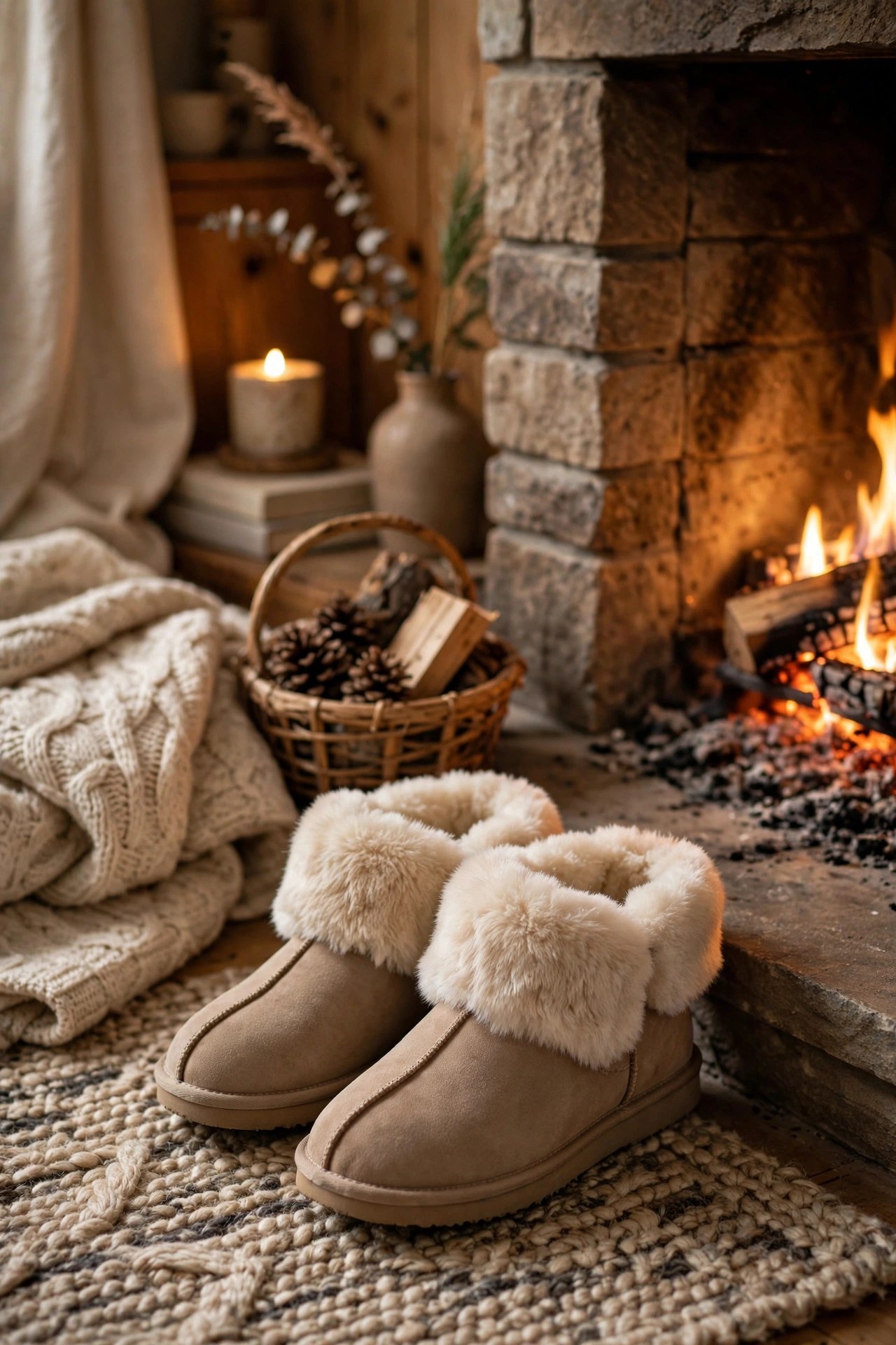 Cozy slipper boots with faux fur trim by a fireplace, winter comfort gift for her