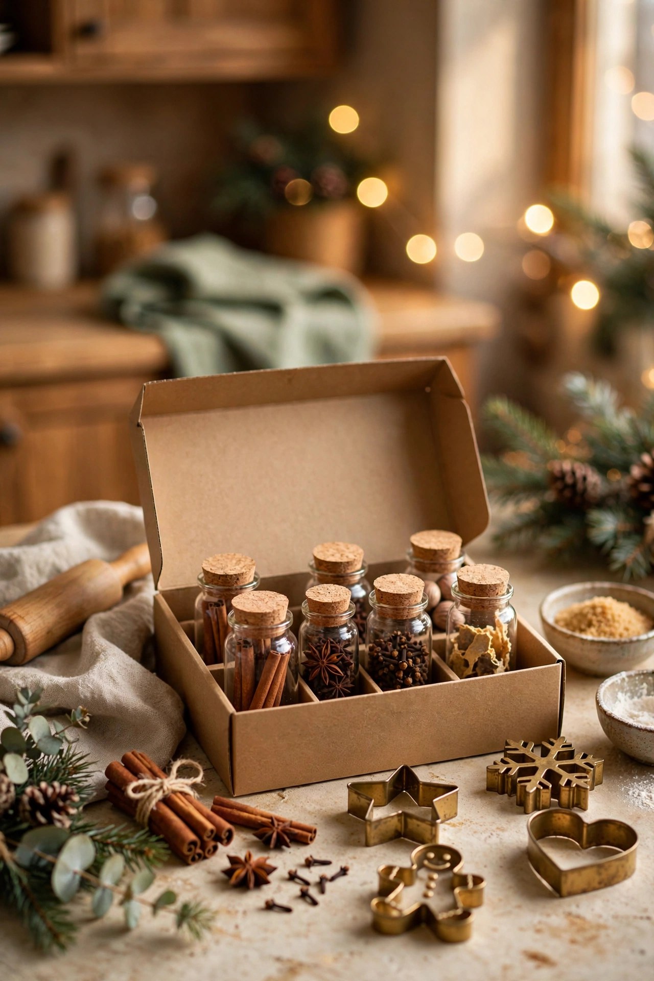 Spiced cookie baking kit with cutters and spices, festive baking gift for her