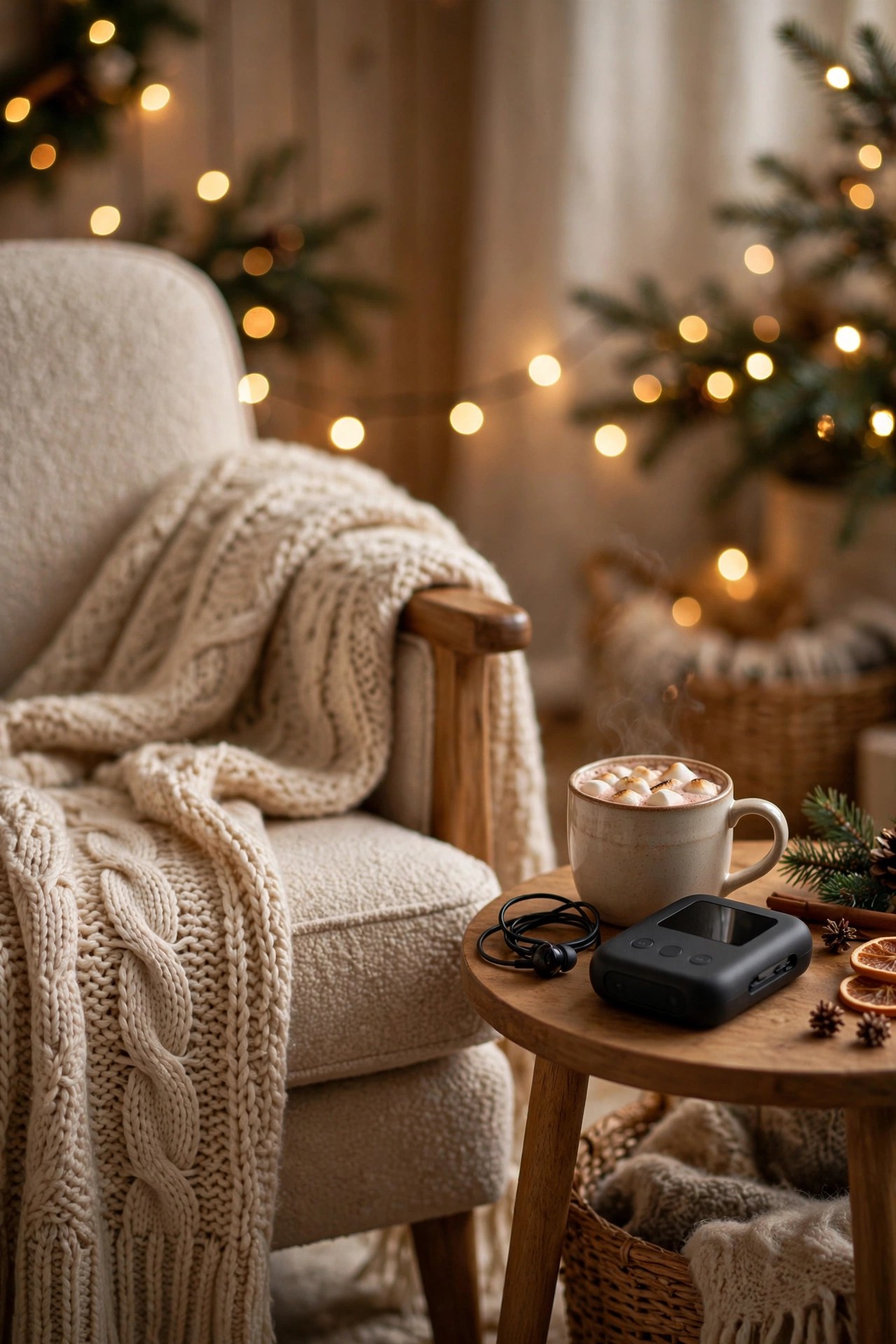 Audiobook player with cocoa and blanket for a cozy night, Christmas evening gift