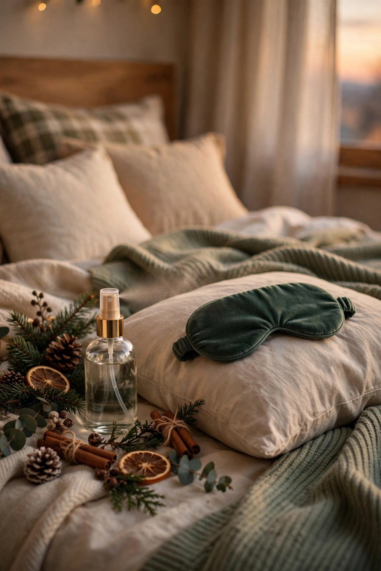 Christmas scented pillow spray with sleep mask on a bed, cozy holiday sleep gift
