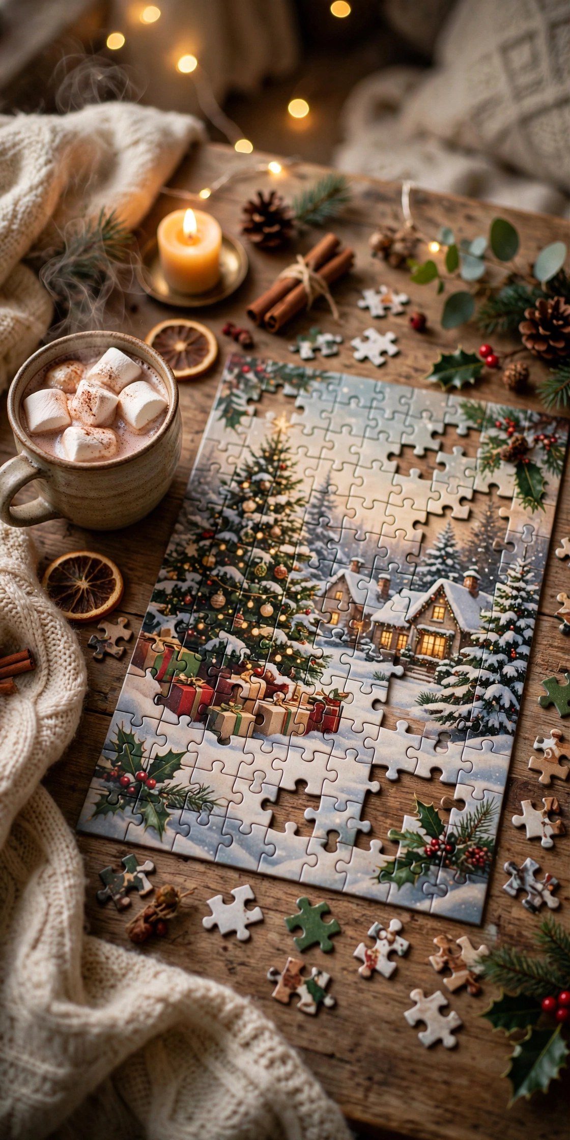 Festive Christmas jigsaw puzzle partially completed on a table, cozy holiday gift