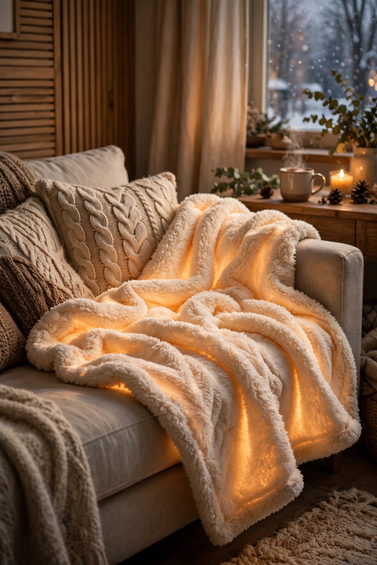 Heated throw blanket on a sofa with warm glow, ultimate cozy Christmas gift
