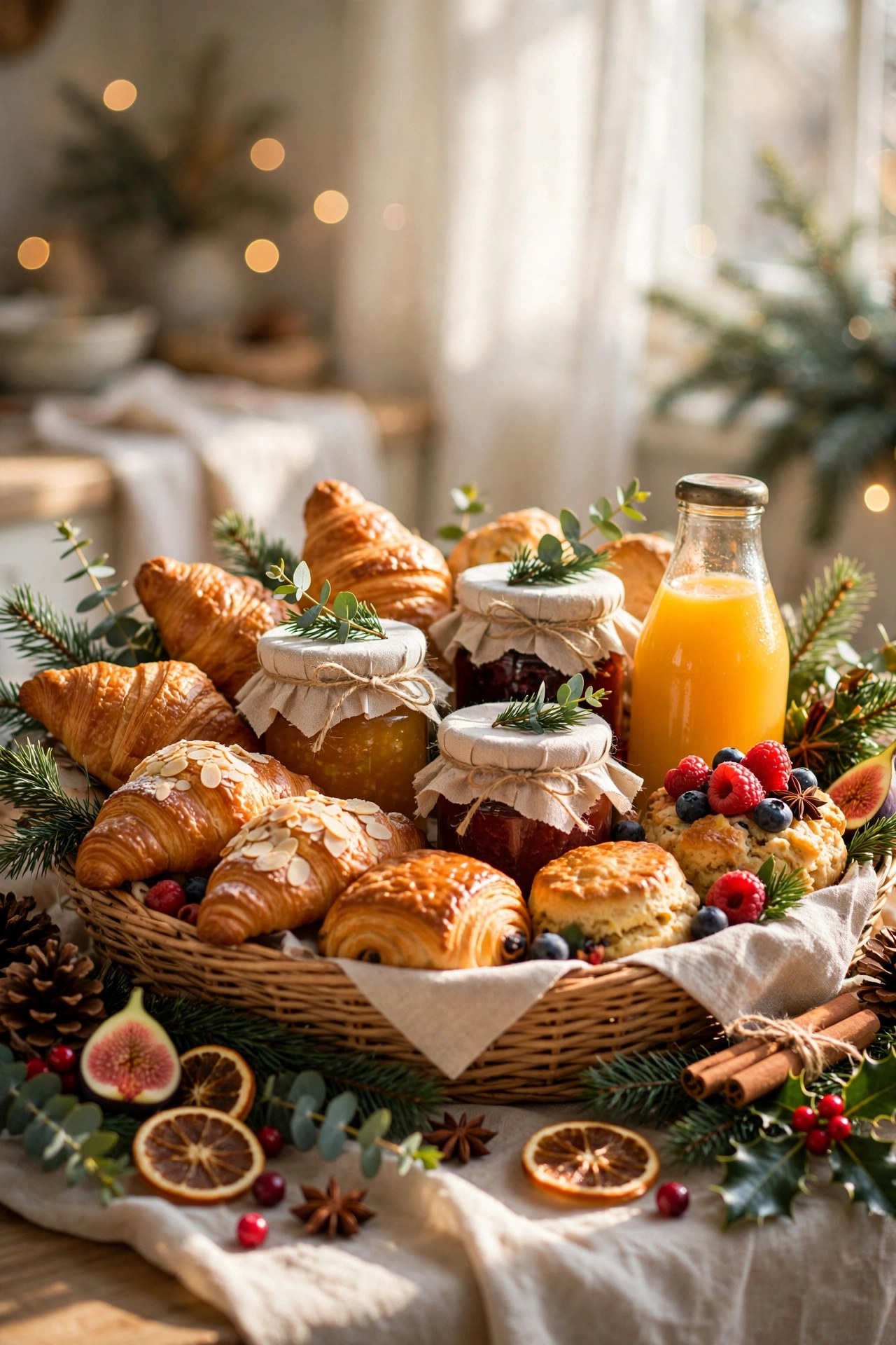 Christmas breakfast hamper with pastries preserves and juice, festive morning gift