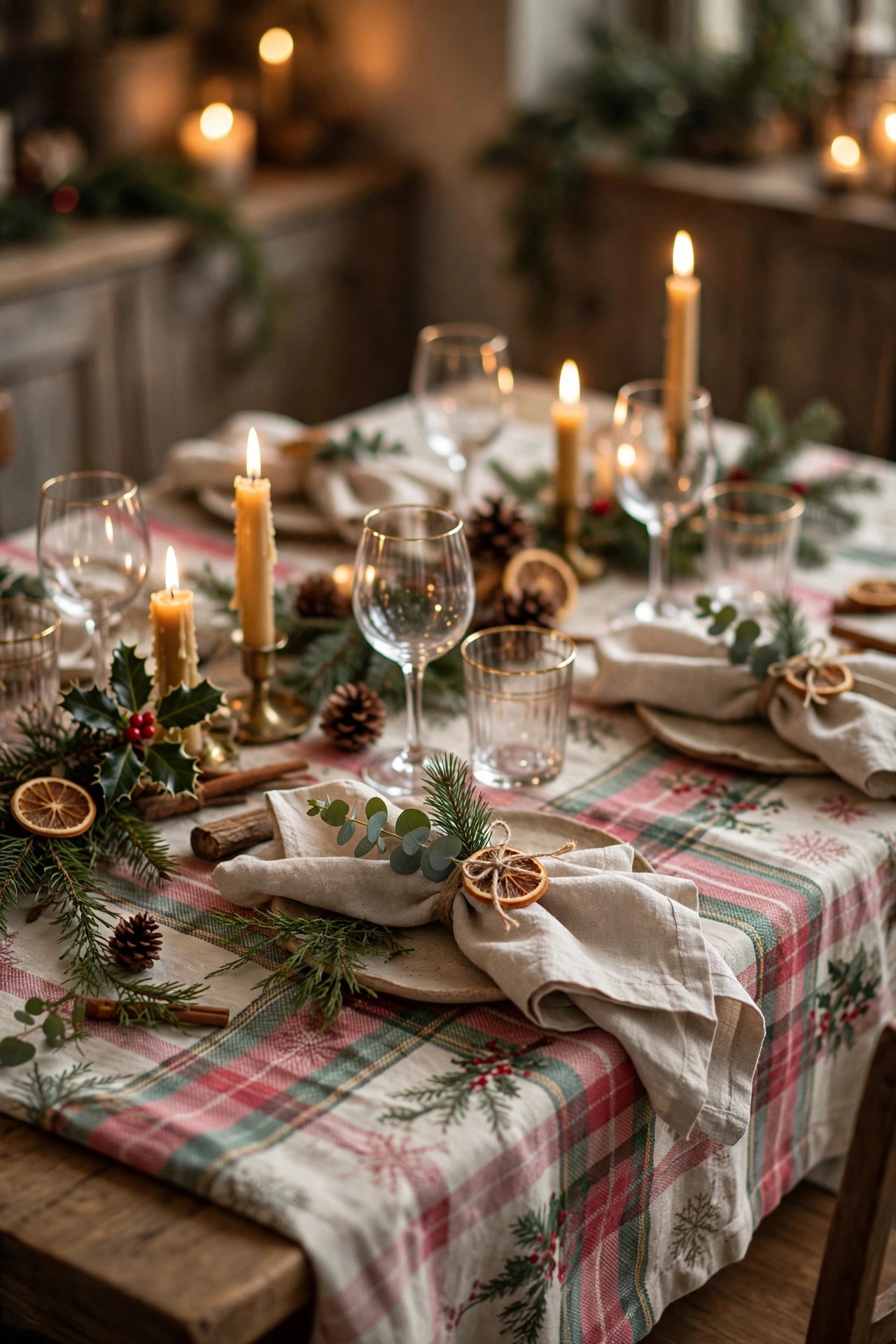 Beautiful Christmas tablecloth with napkins on a festive dining table, holiday hosting gift