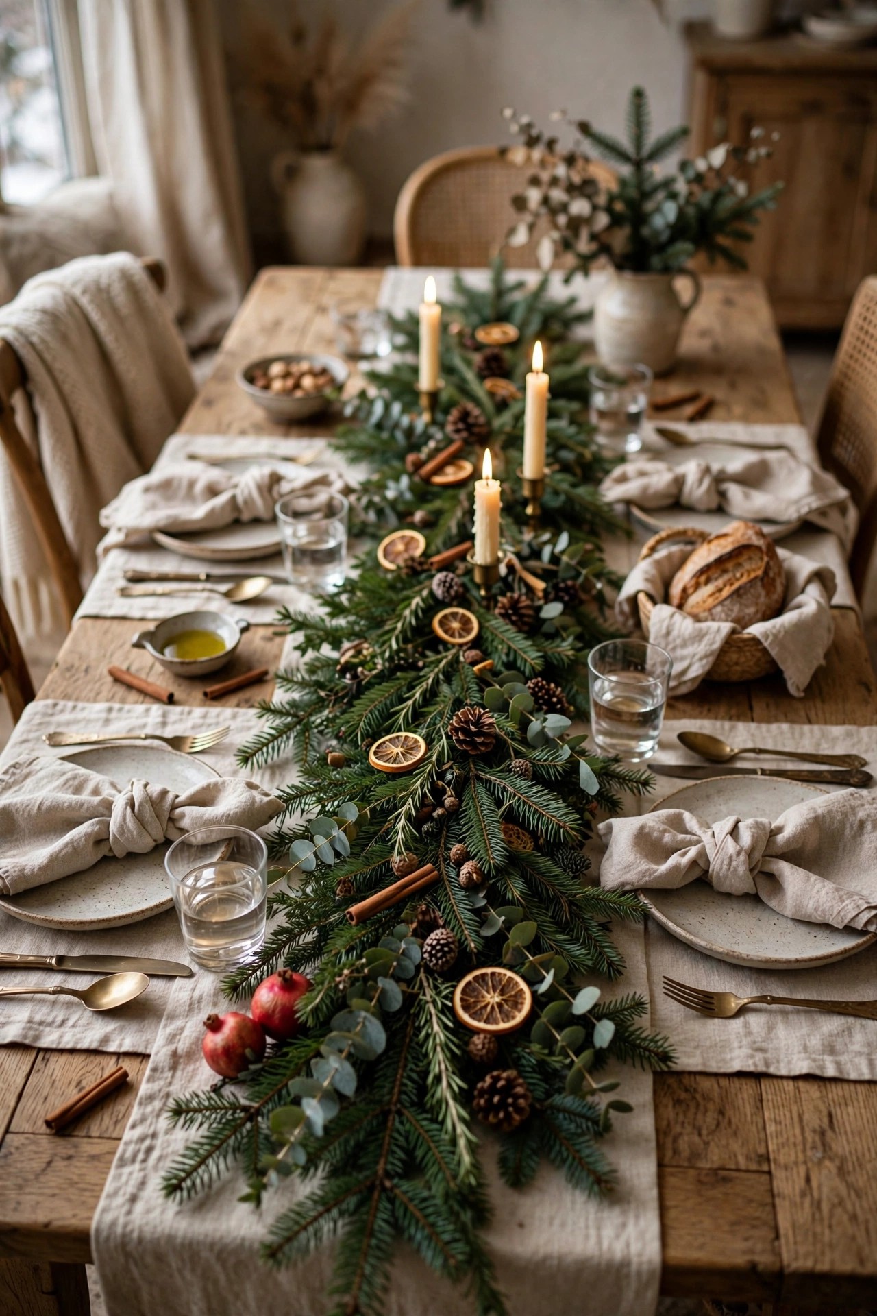 Christmas dining table with evergreen branch runner down the middle