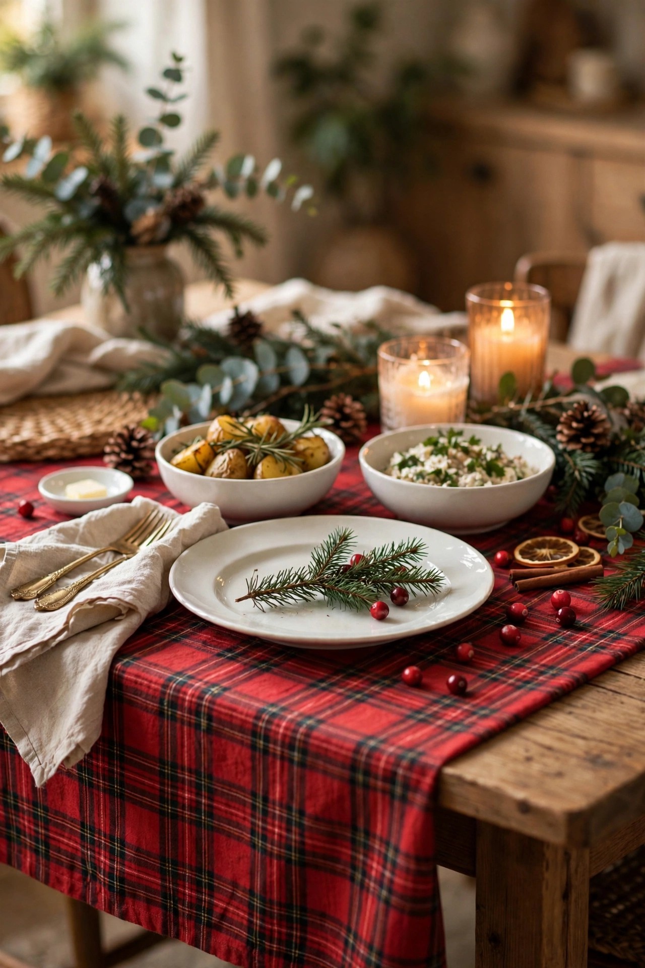 Christmas table with red plaid tablecloth and white dishes