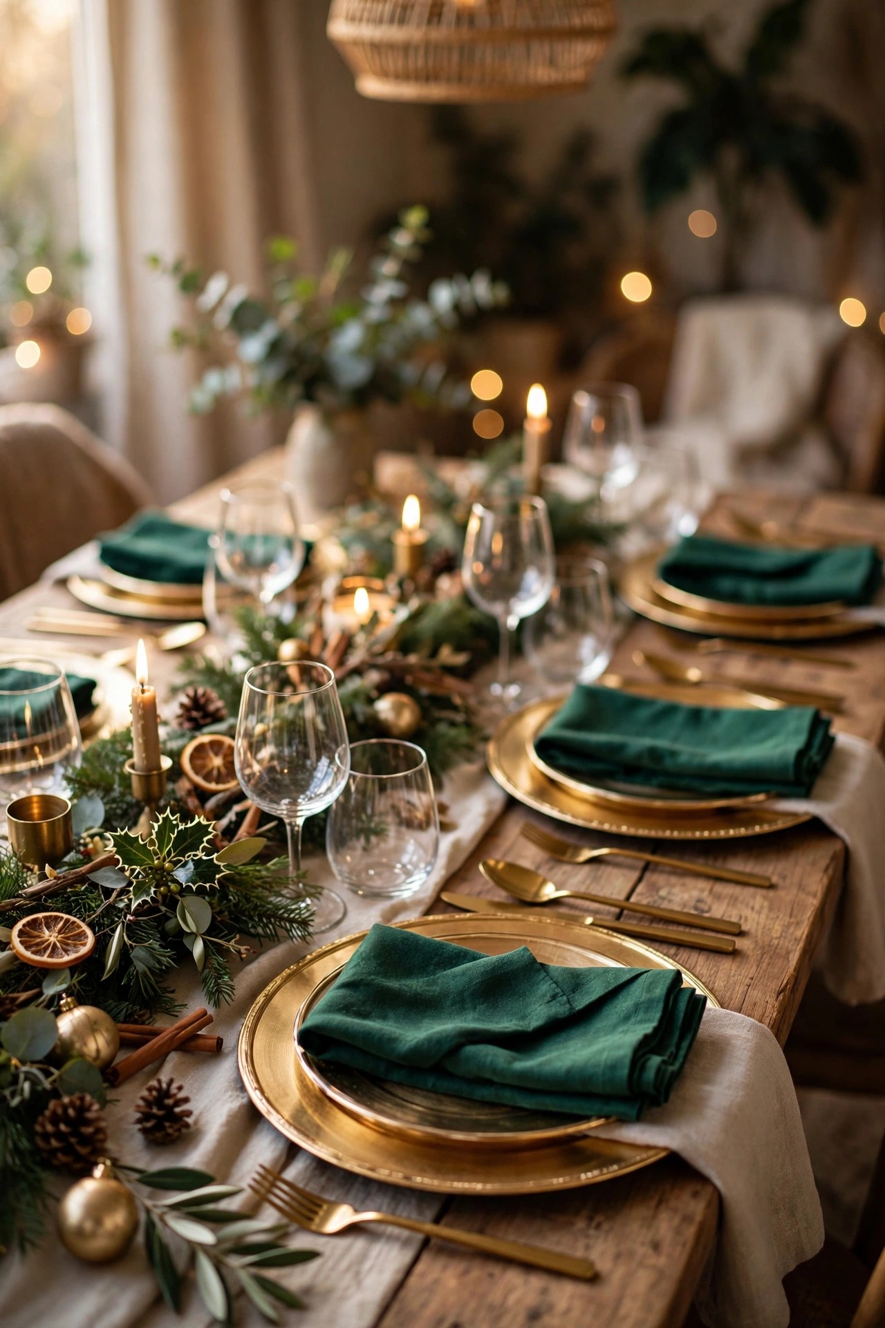 Elegant Christmas table with gold chargers and emerald napkins