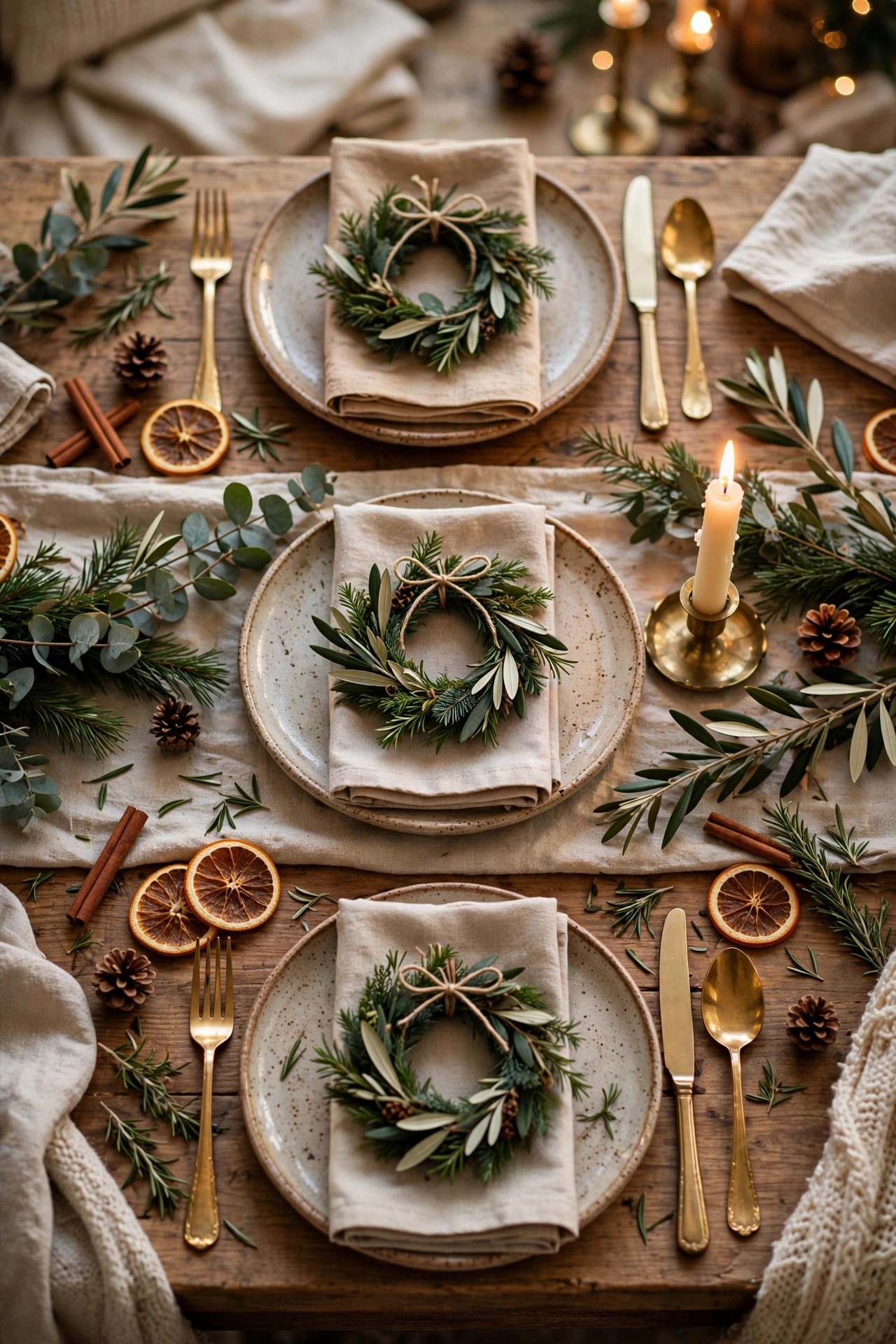 Mini wreath place cards on Christmas table settings