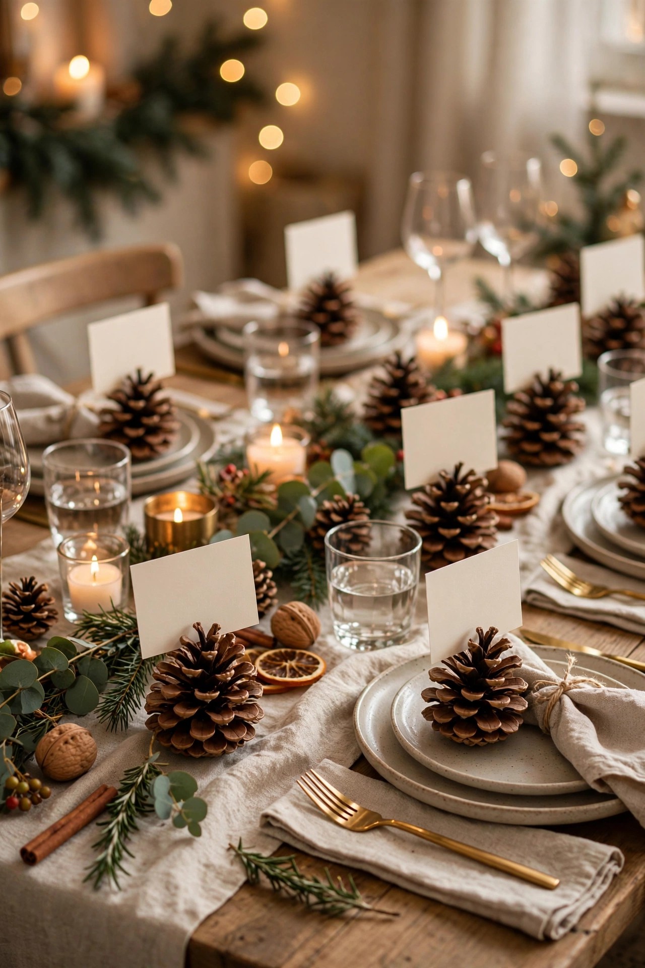 Pinecones holding place cards on Christmas dinner table