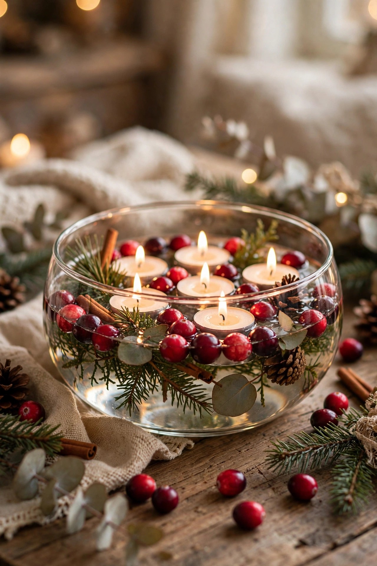 Glass bowl with floating cranberries and candles Christmas centerpiece