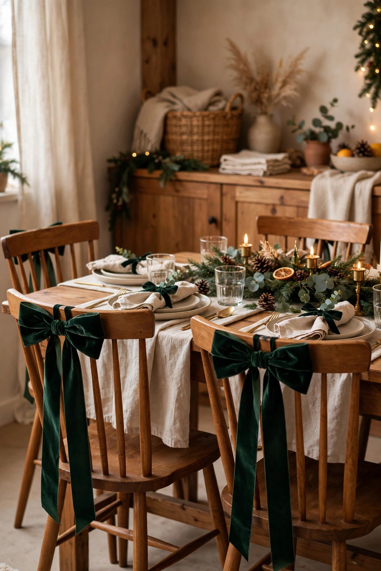 Dining chairs decorated with velvet ribbon bows for Christmas