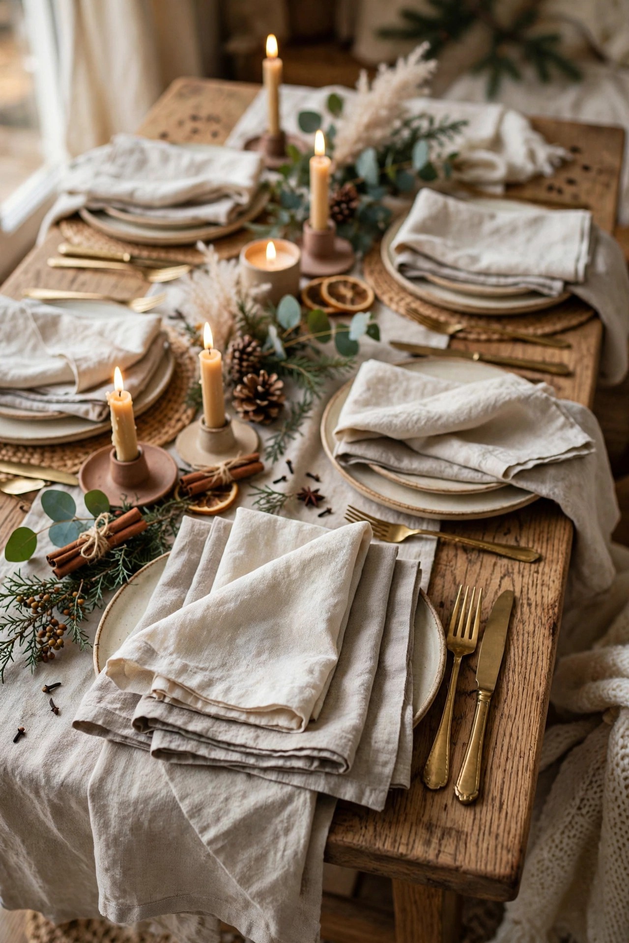 Layered linen napkins on Christmas table place settings