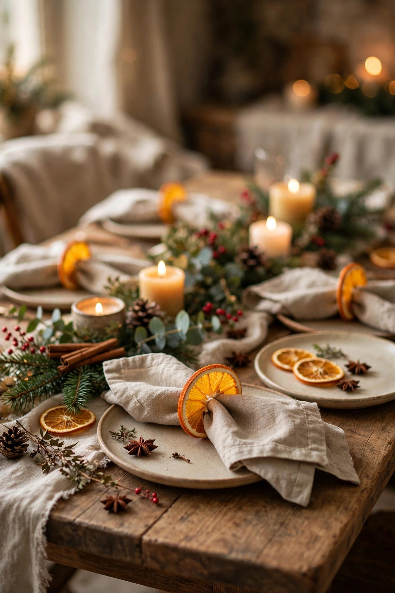 Dried orange slice napkin rings on Christmas table