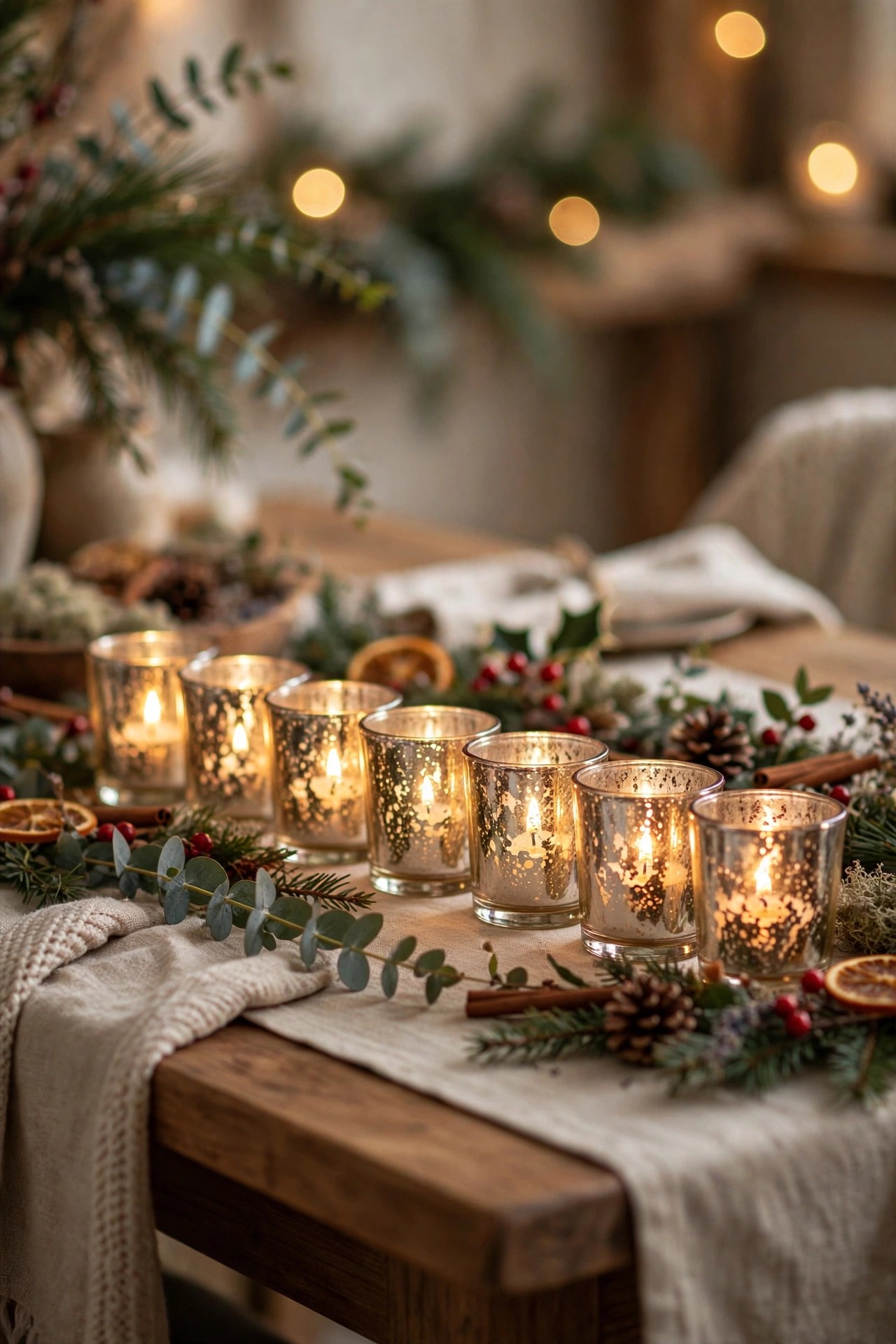 Row of mercury glass votives glowing on Christmas table