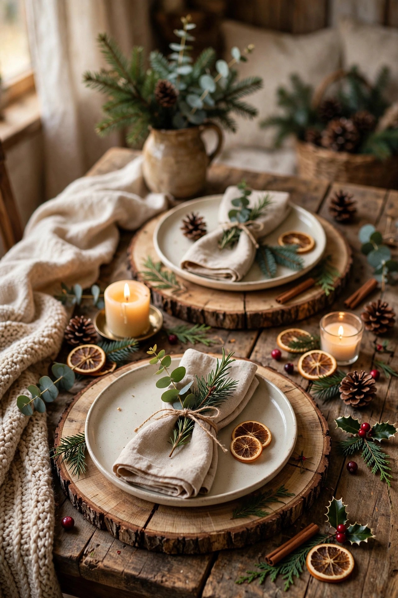Rustic Christmas table with wood slice chargers