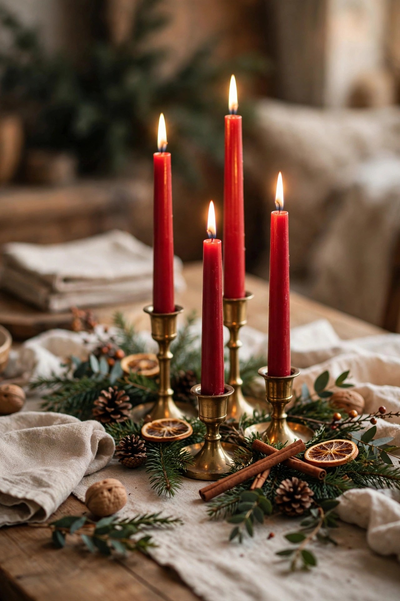 Red taper candles in brass holders on Christmas table