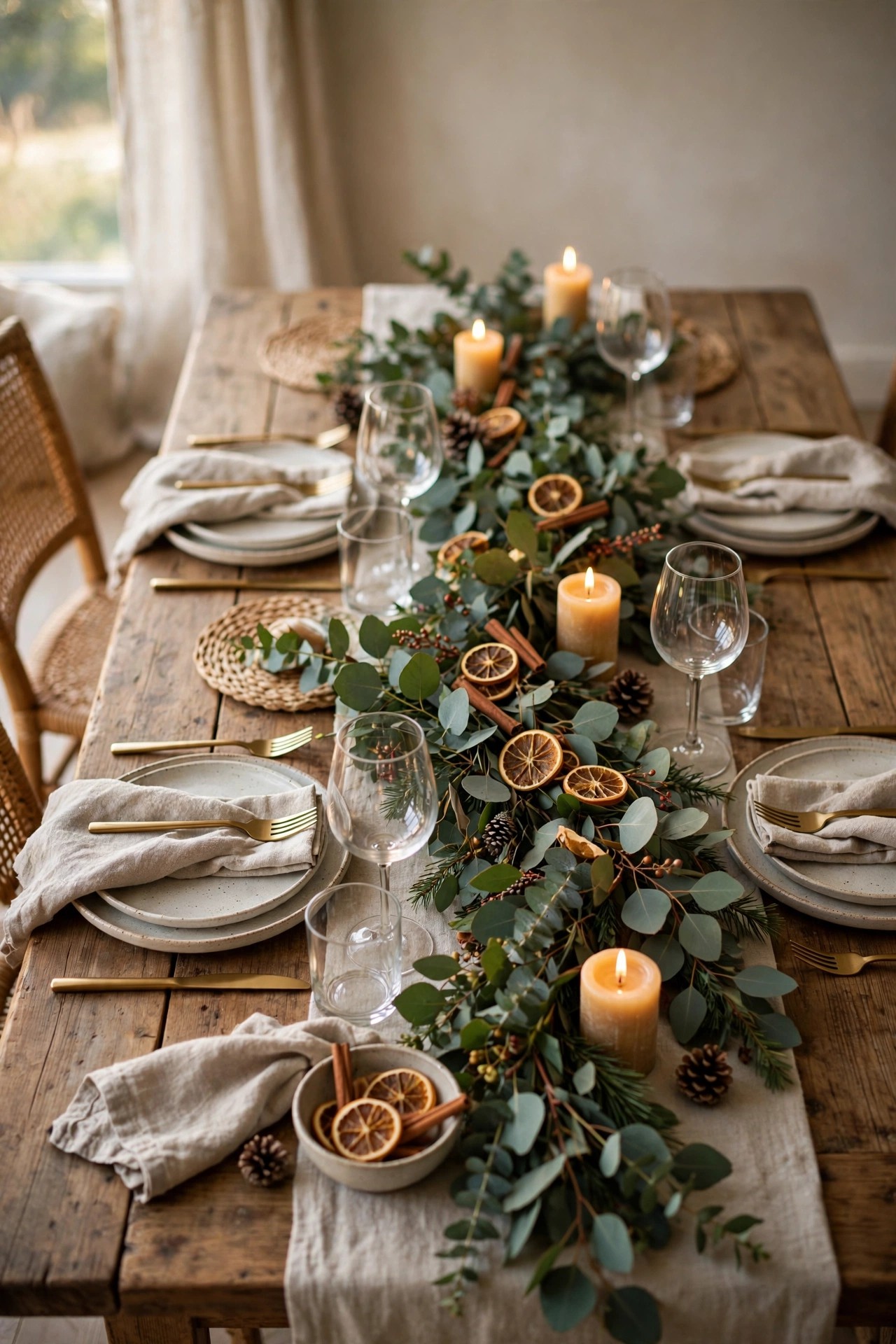 Eucalyptus garland runner on Christmas dining table