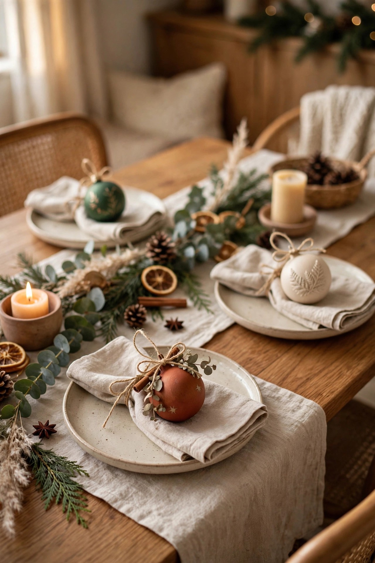 Personalized Christmas ornaments as place settings on table