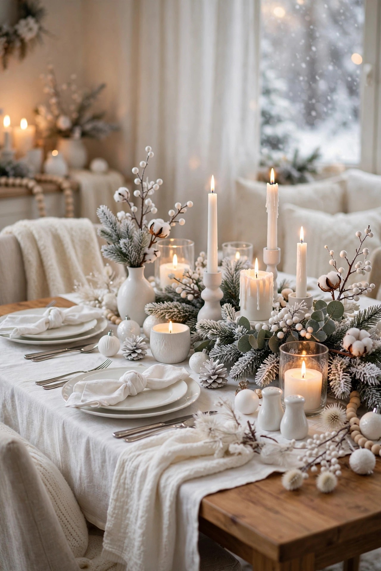 All white winter Christmas table decorations elegant