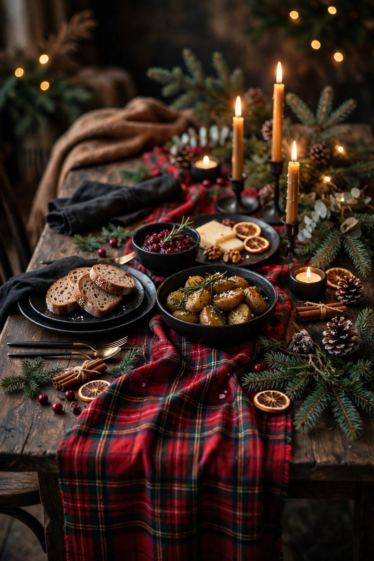 Christmas table with tartan runner and black dishes dramatic