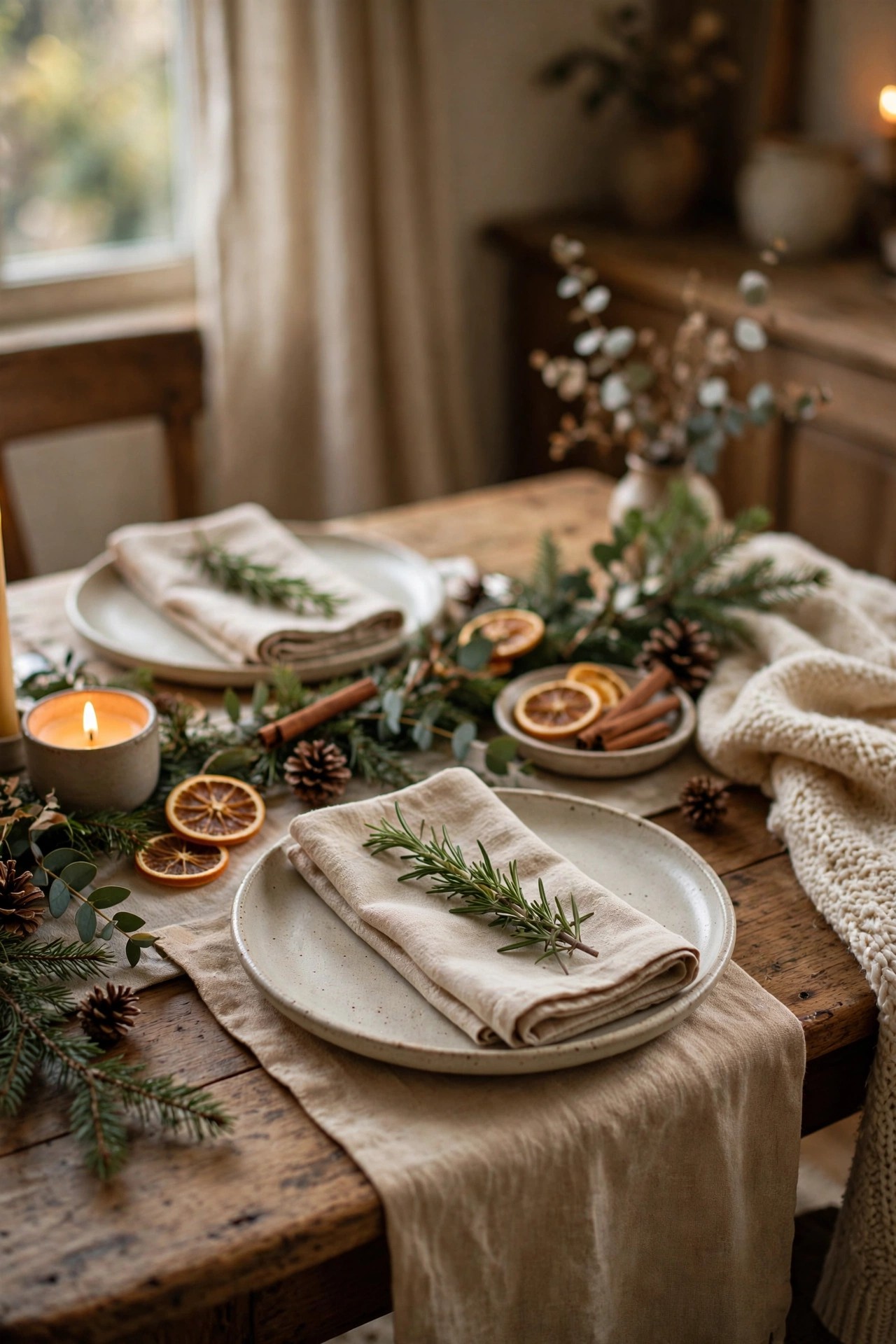 Rosemary sprig place settings on Christmas table