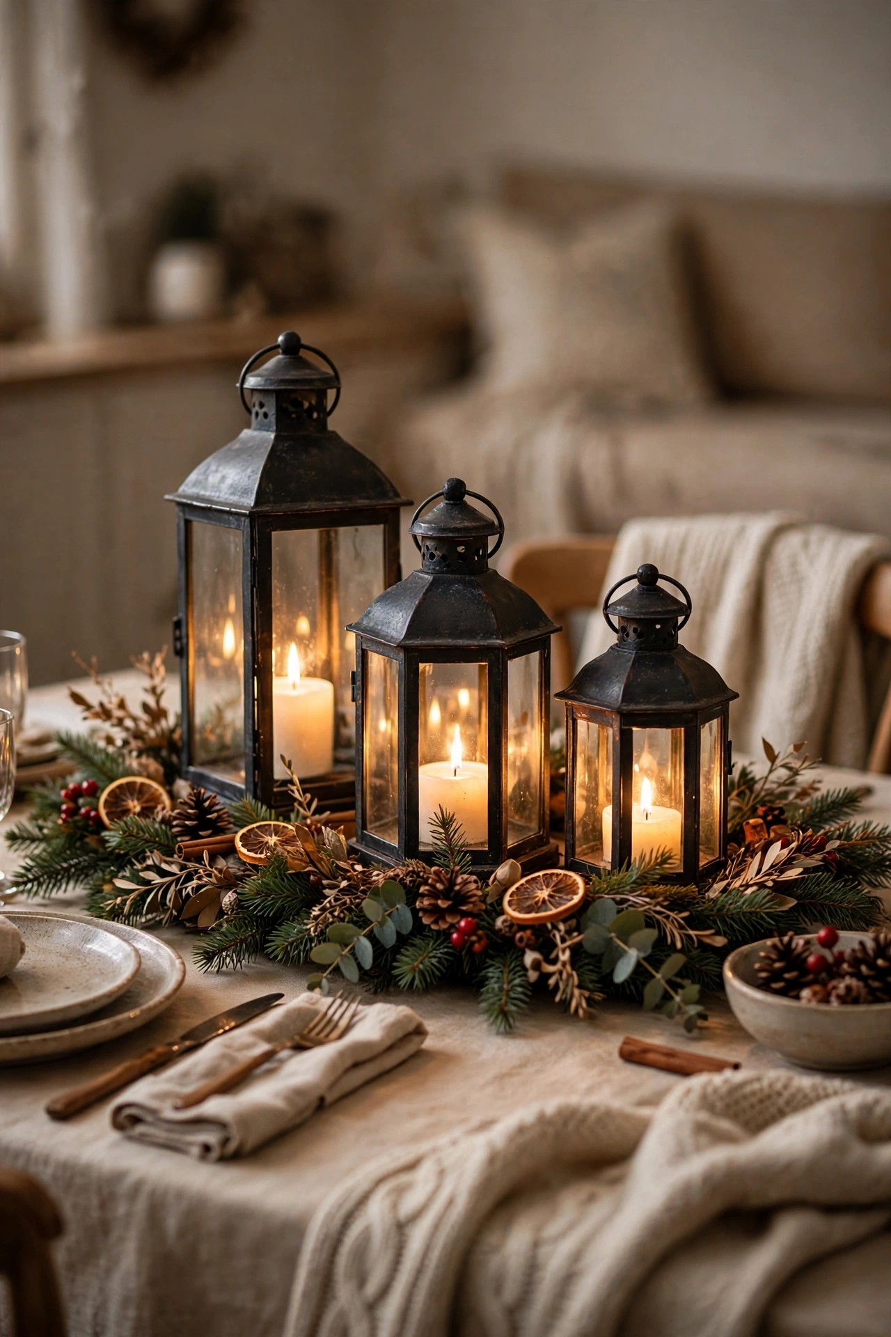 Glowing lanterns as Christmas table centerpiece