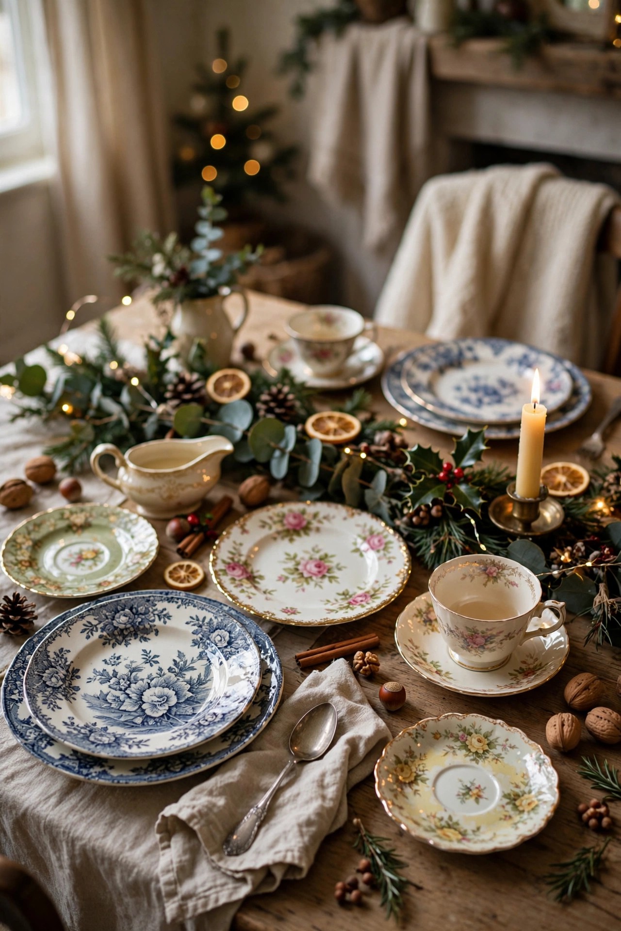 Vintage mismatched china on Christmas table eclectic elegant