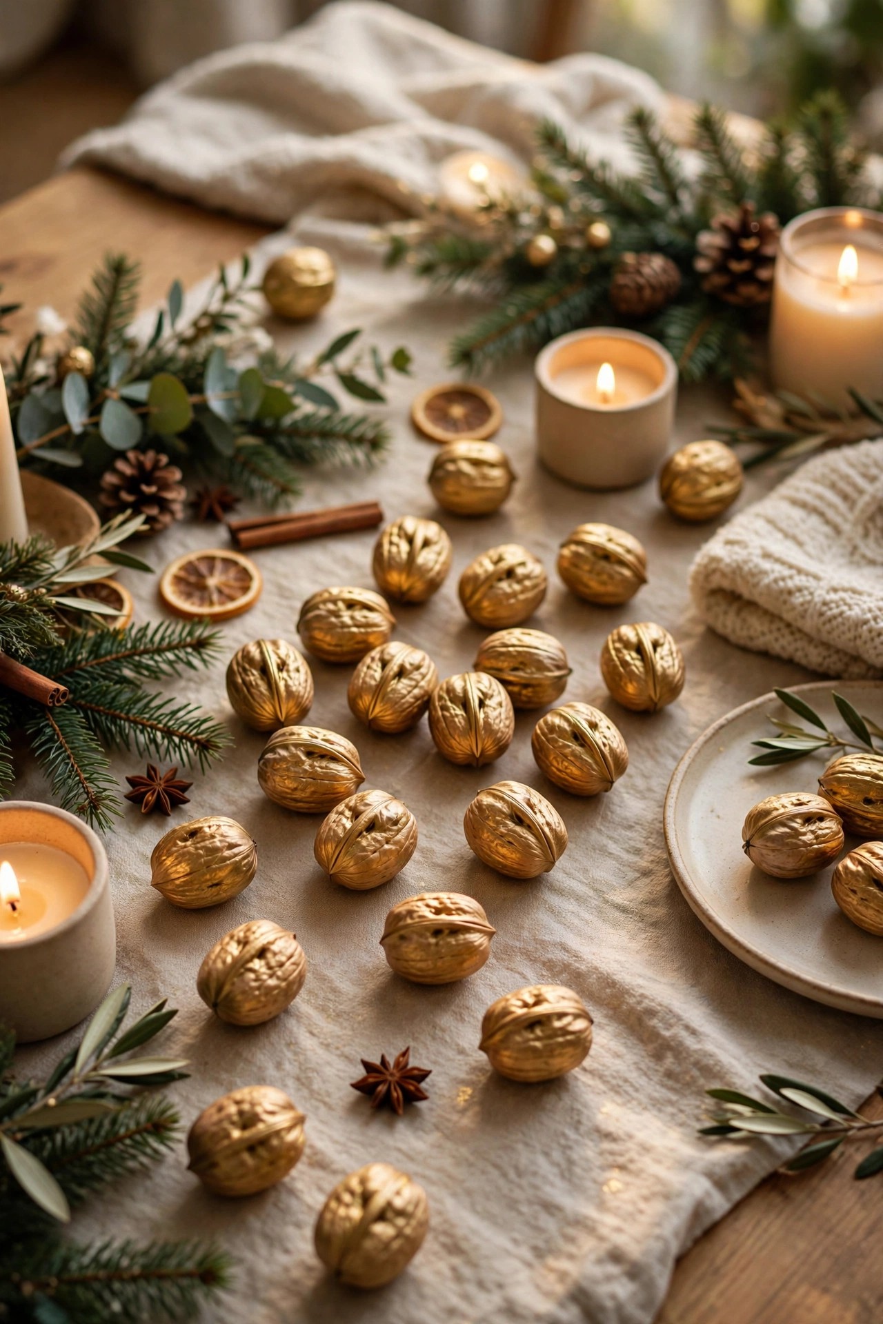 Gold painted walnuts scattered on Christmas table
