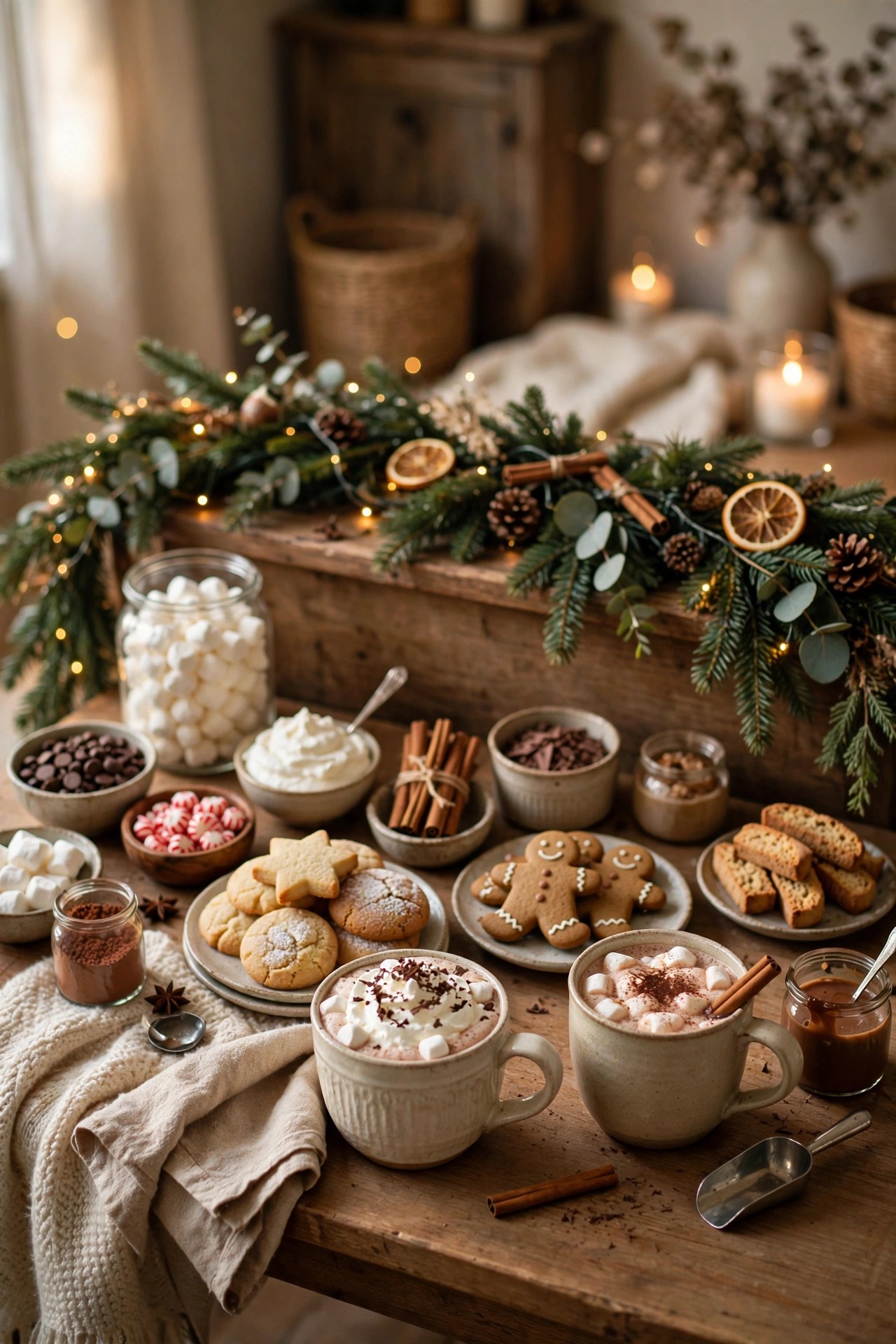 Hot cocoa bar set up as Christmas dessert table