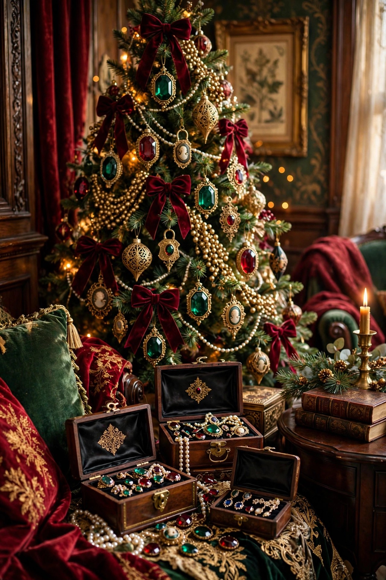Christmas tree decorated in Victorian jewel box theme with deep red and gold ornaments