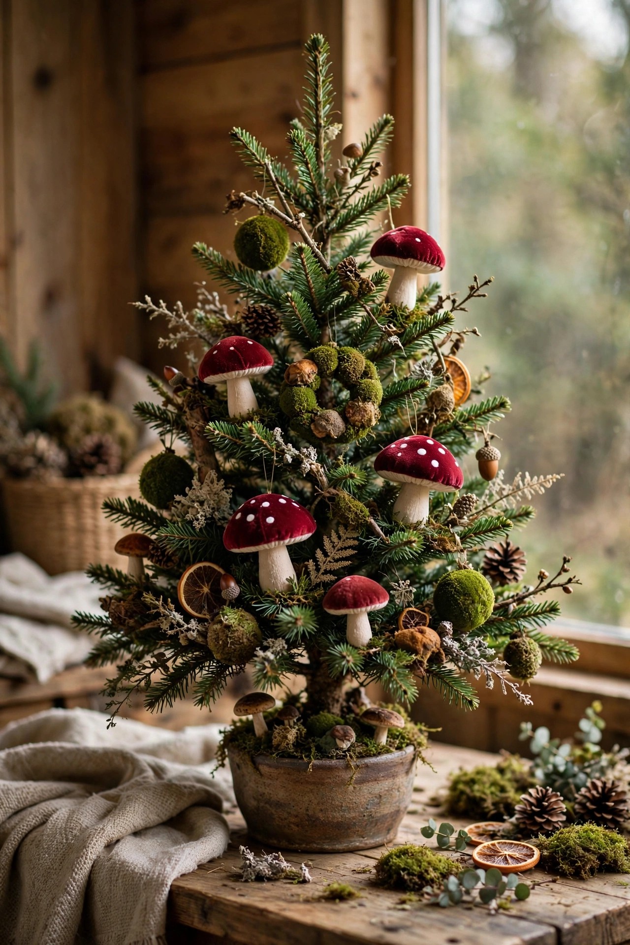 Woodland Christmas tree with mushroom and moss ornaments