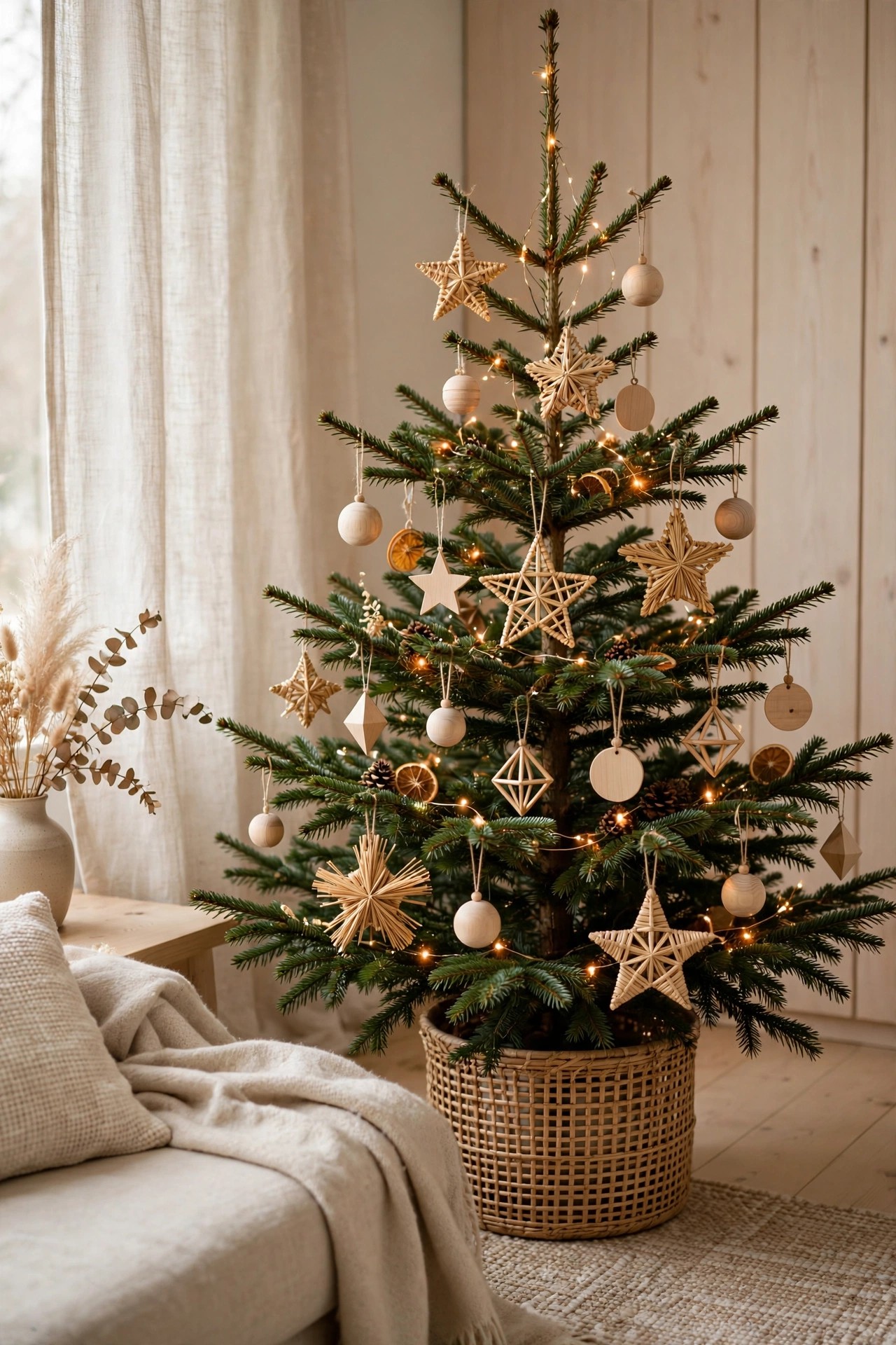 Scandinavian Christmas tree with straw and wooden ornaments minimalist