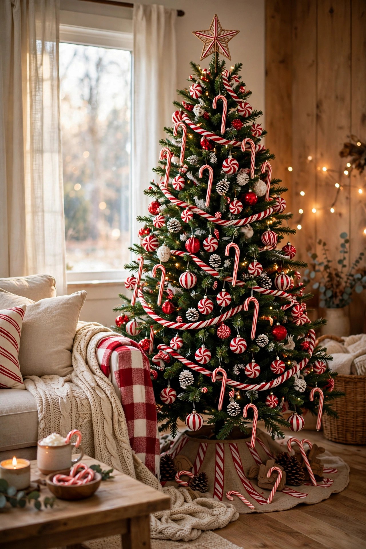 Classic red and white candy cane themed Christmas tree