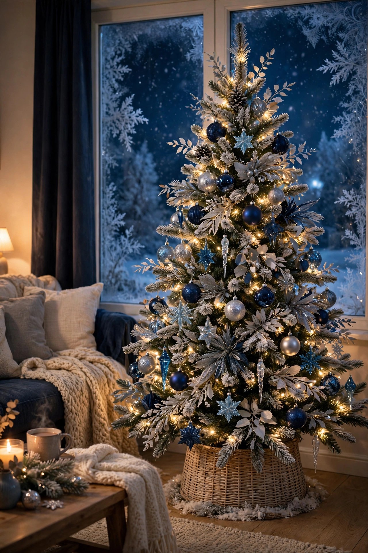 Christmas tree in midnight frost theme navy silver and ice blue