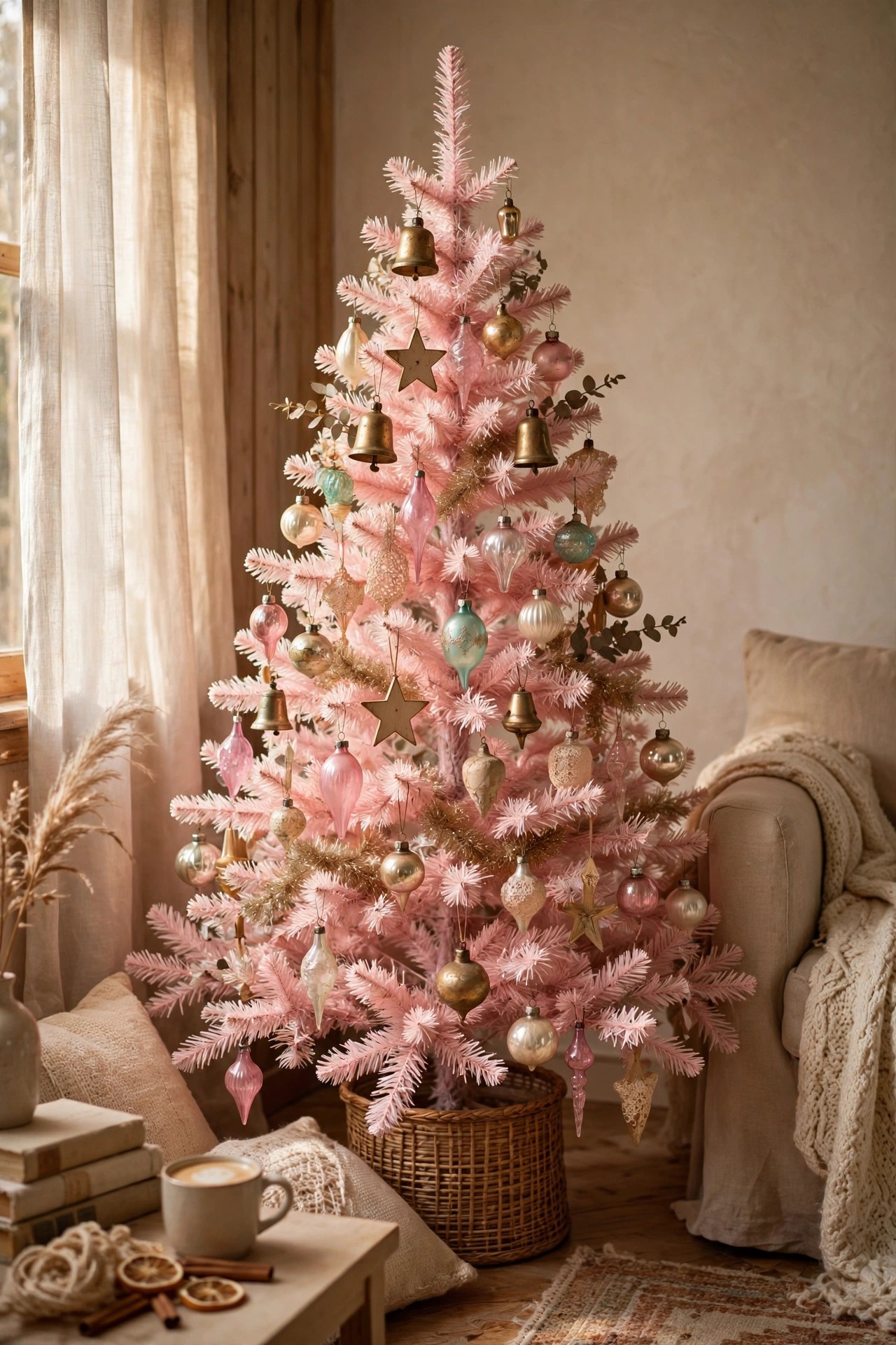 Retro pastel pink Christmas tree with vintage style ornaments