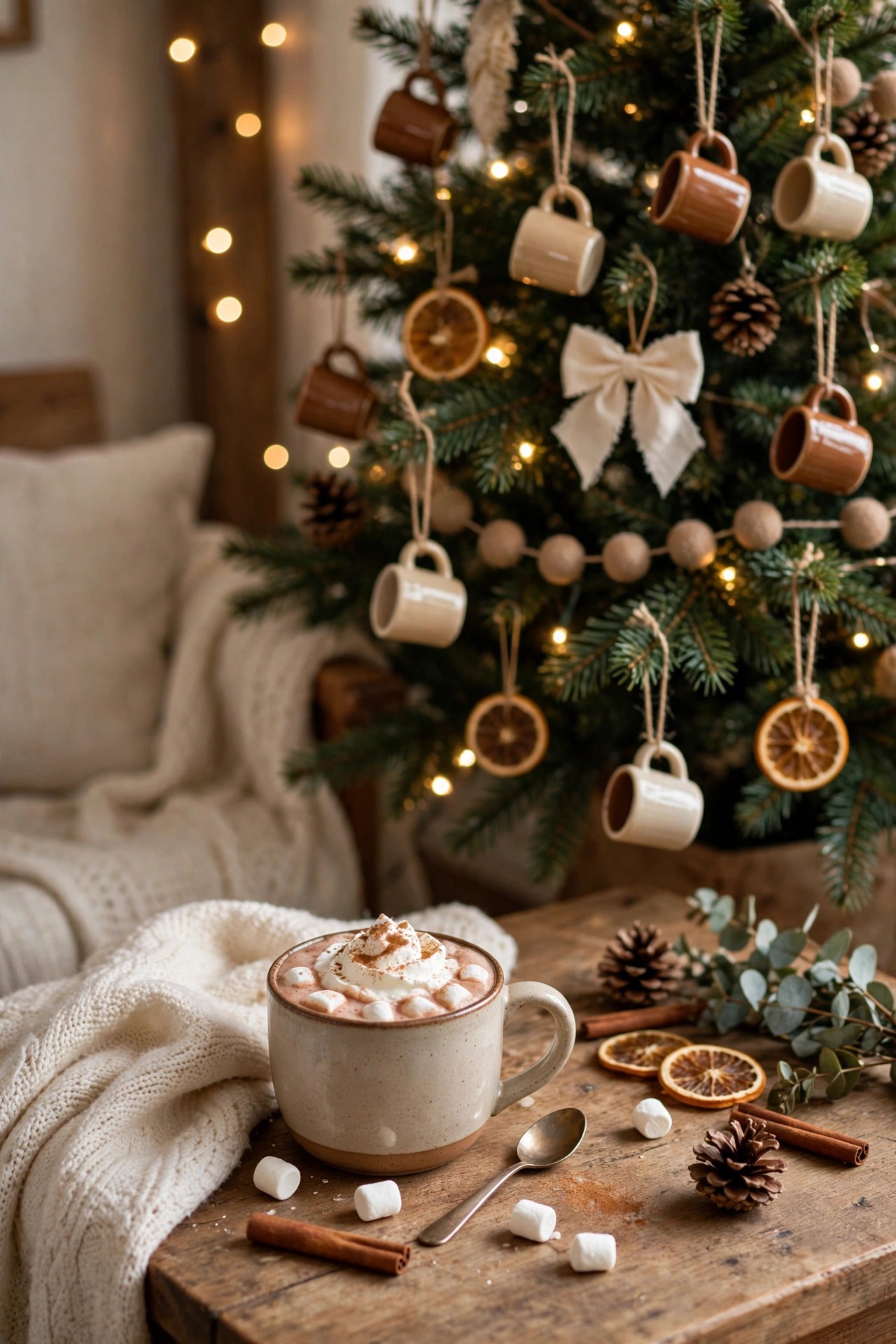 Christmas tree decorated in hot cocoa theme with mugs and browns