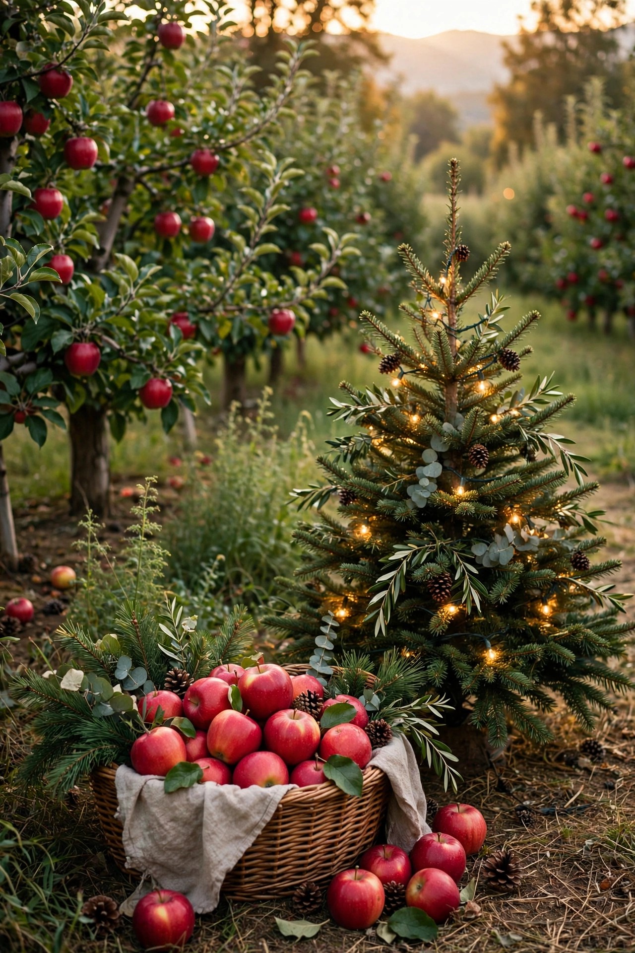 Christmas tree with apple orchard harvest theme red apples and greenery