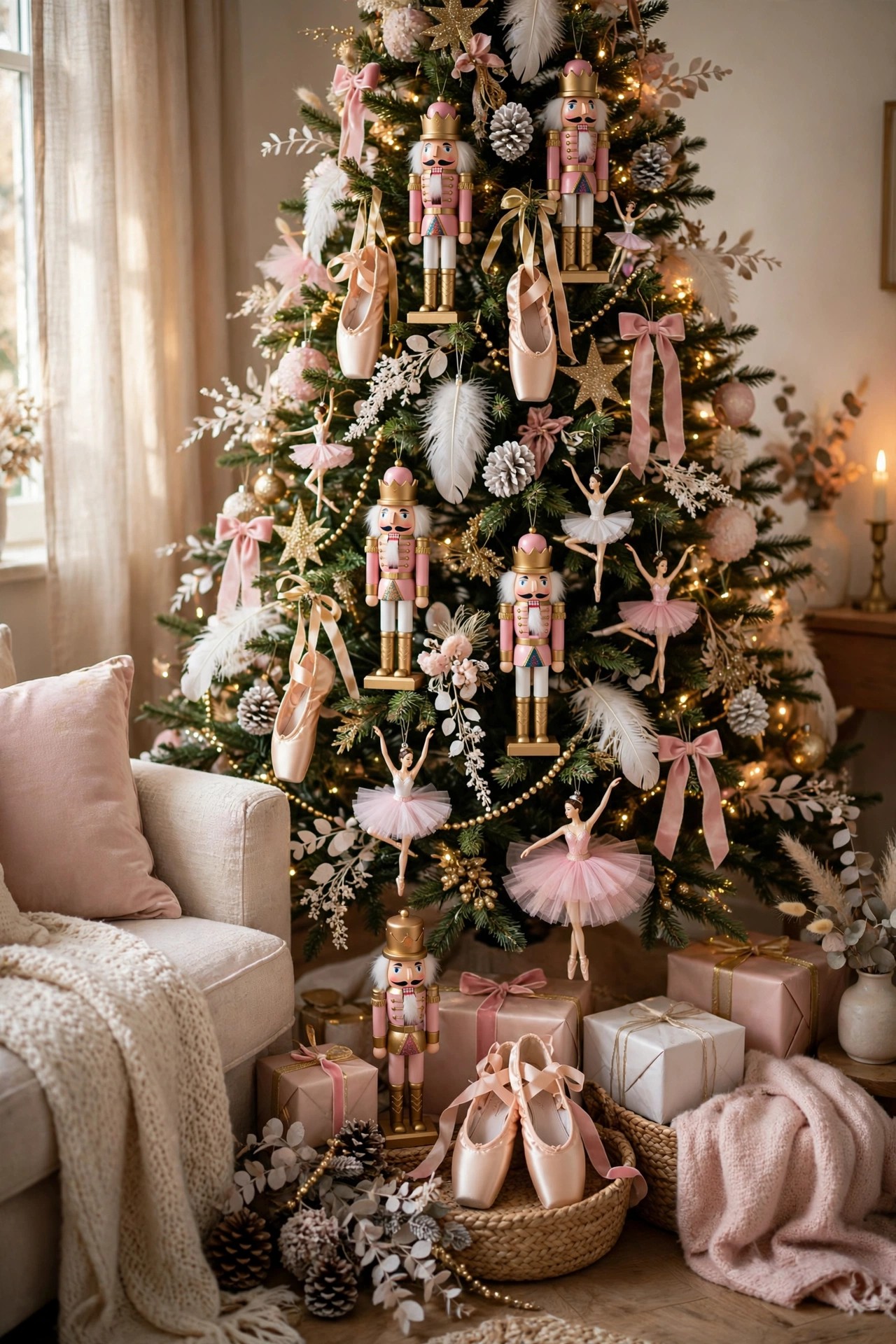 Nutcracker ballet themed Christmas tree pink gold and white