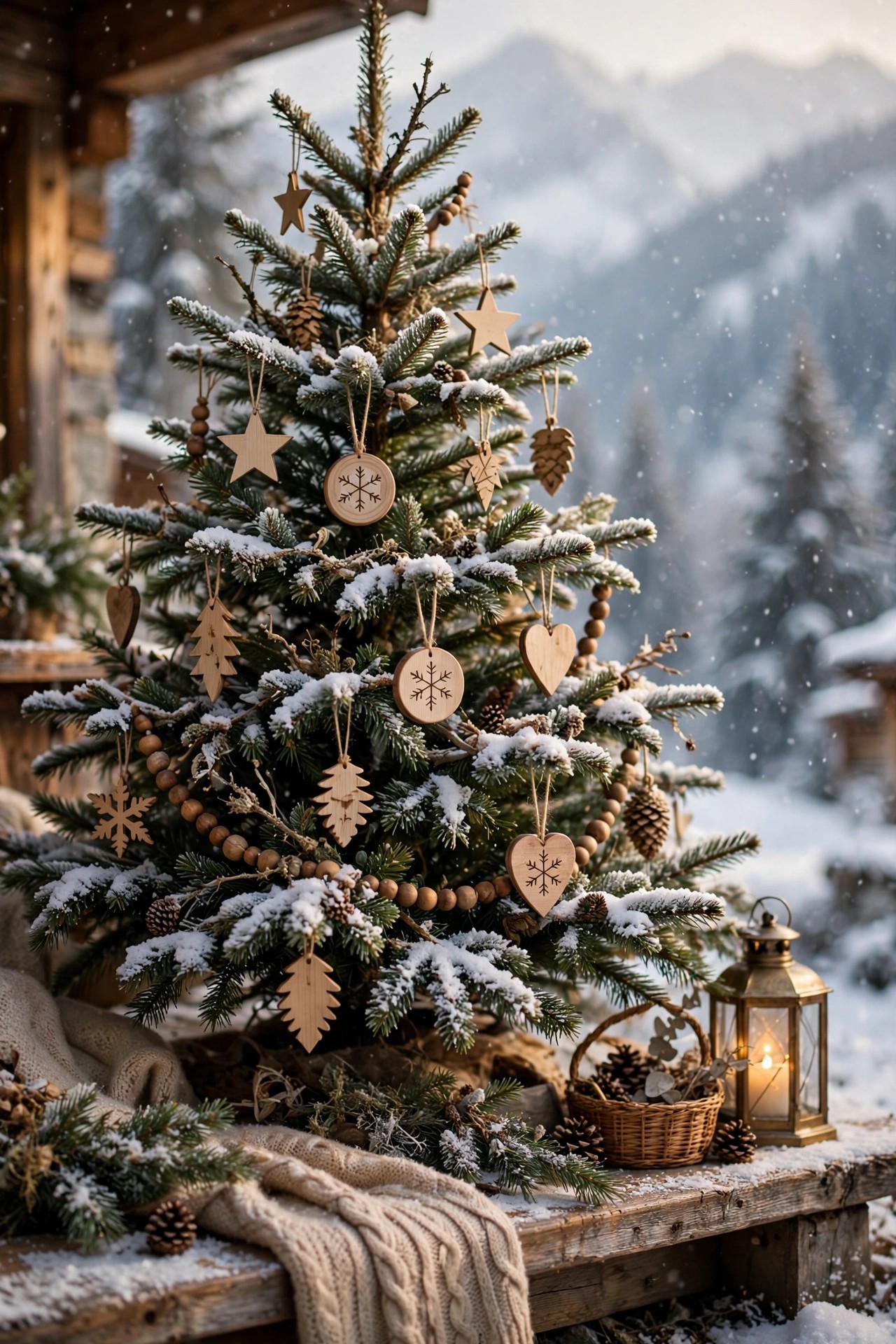 Snow dusted alpine Christmas tree with white flocking and wood
