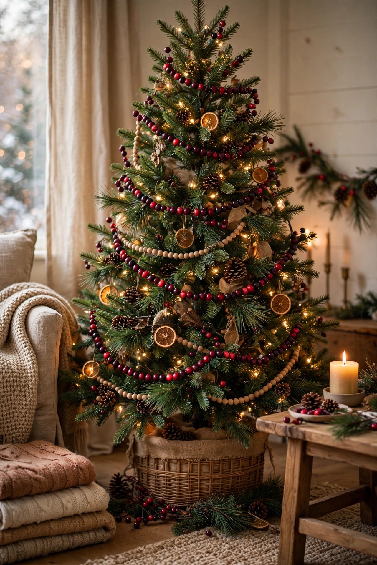 Classic cranberry and pine themed Christmas tree timeless