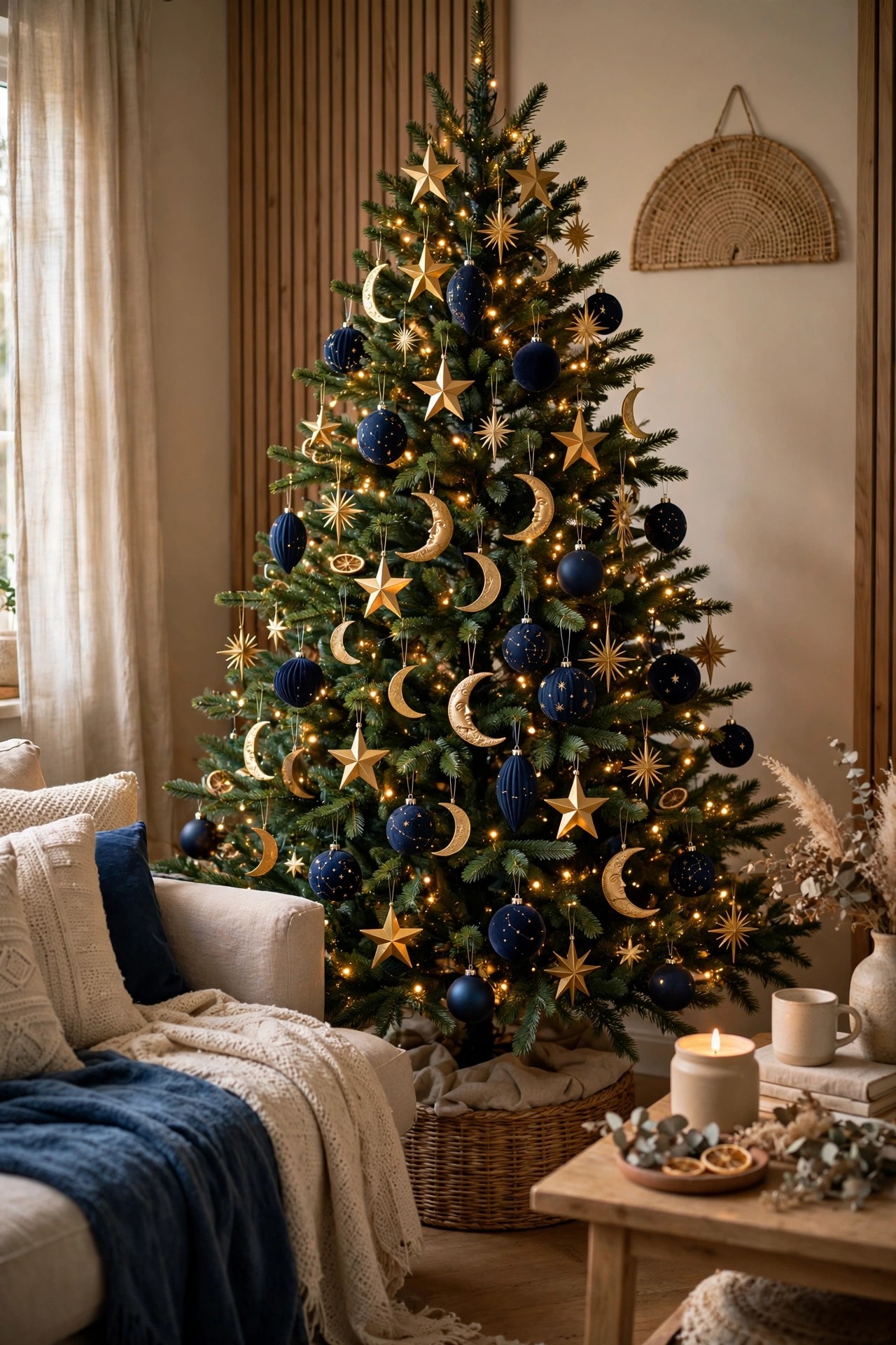 Celestial Christmas tree with stars moons navy and gold