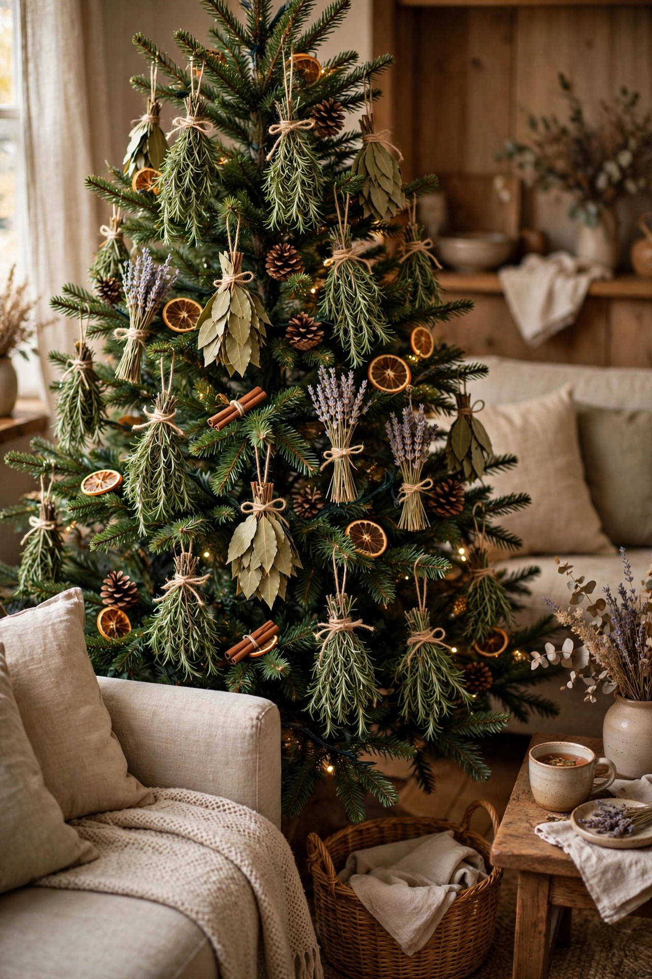 Christmas tree decorated with herb bundles rosemary bay lavender