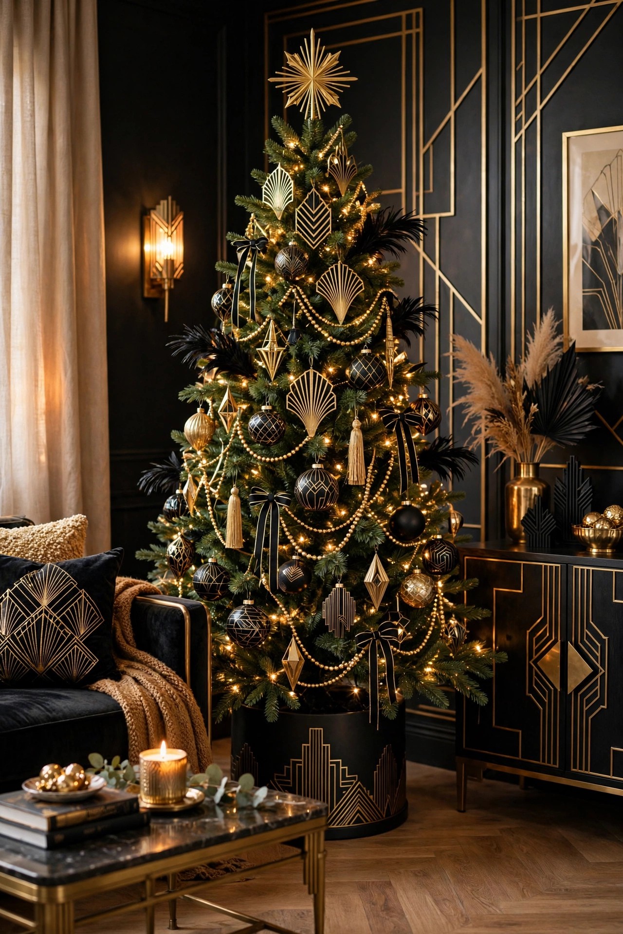 Art deco Christmas tree in gold and black glamorous