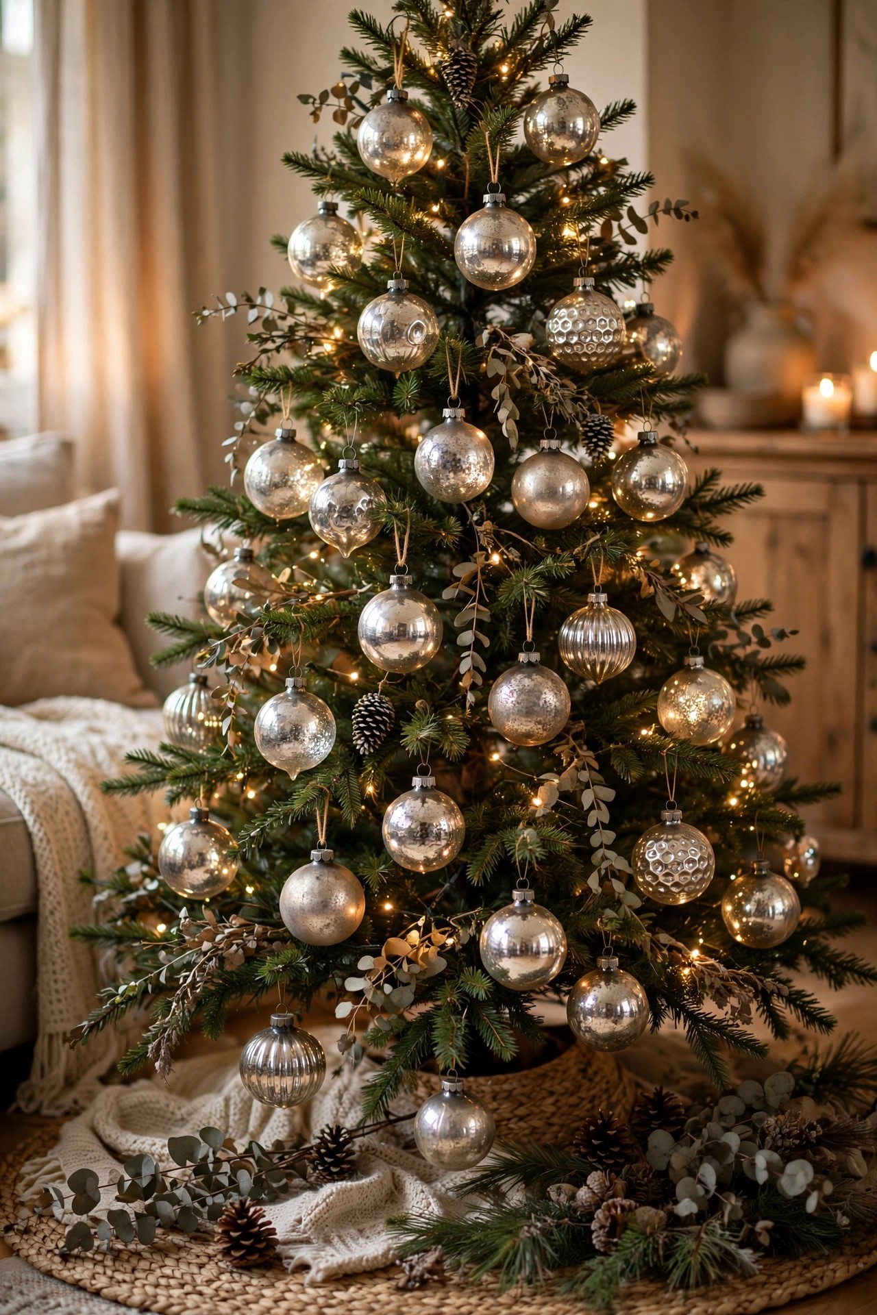 Christmas tree with vintage mercury glass ornaments silver glow