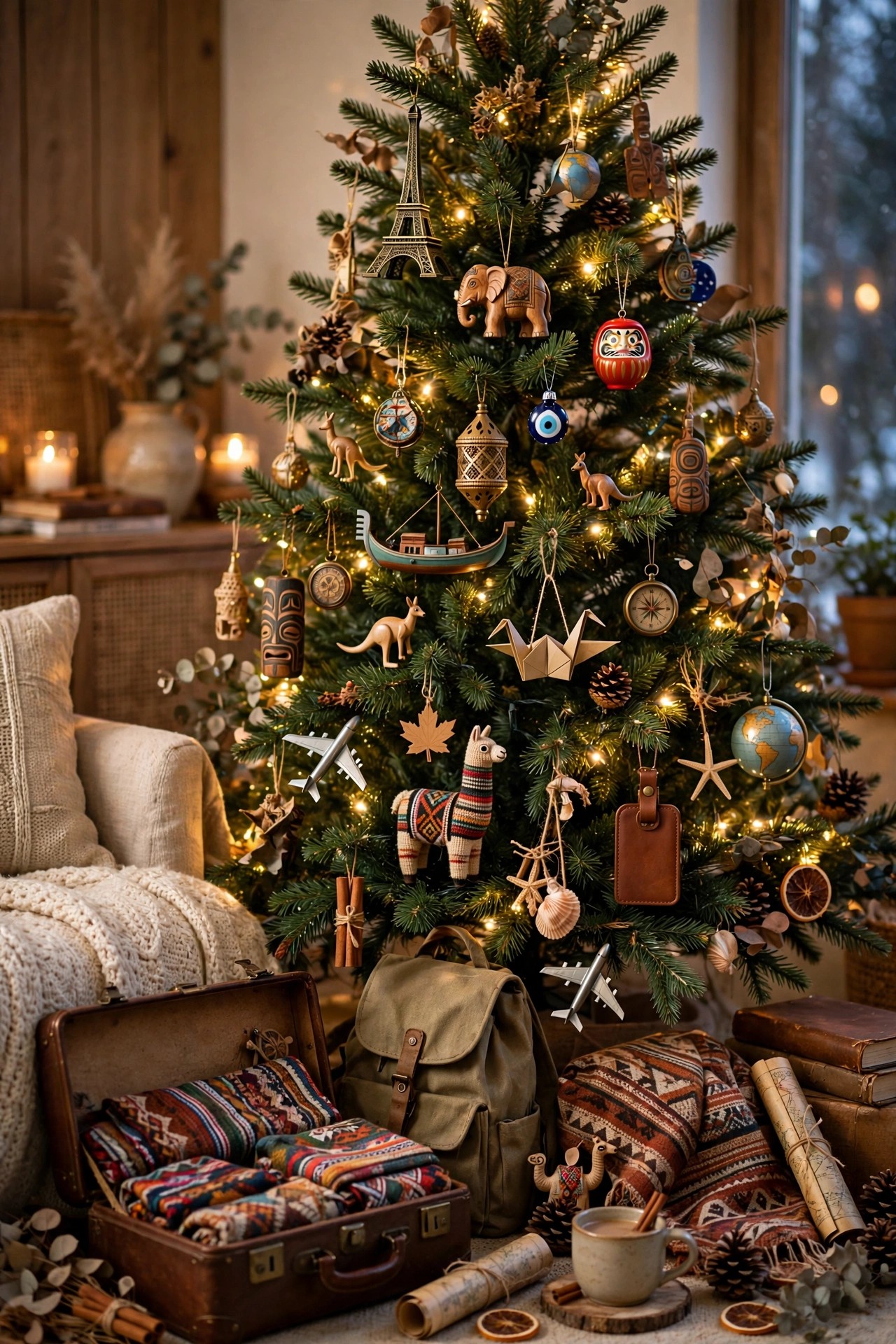 Christmas tree decorated with travel souvenirs from around the world