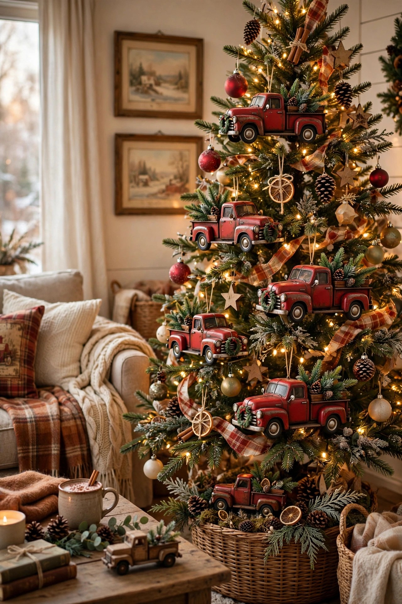 Christmas tree with vintage red truck theme nostalgic