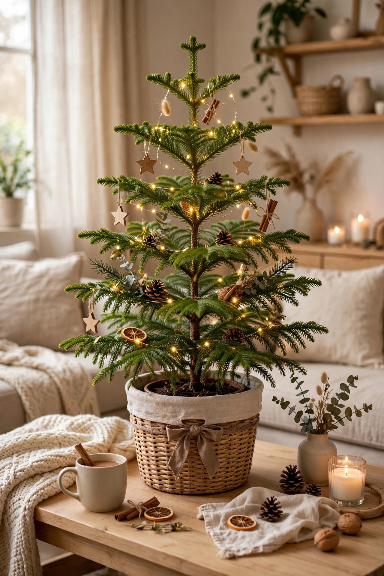 Living Norfolk Island pine decorated as small Christmas tree eco