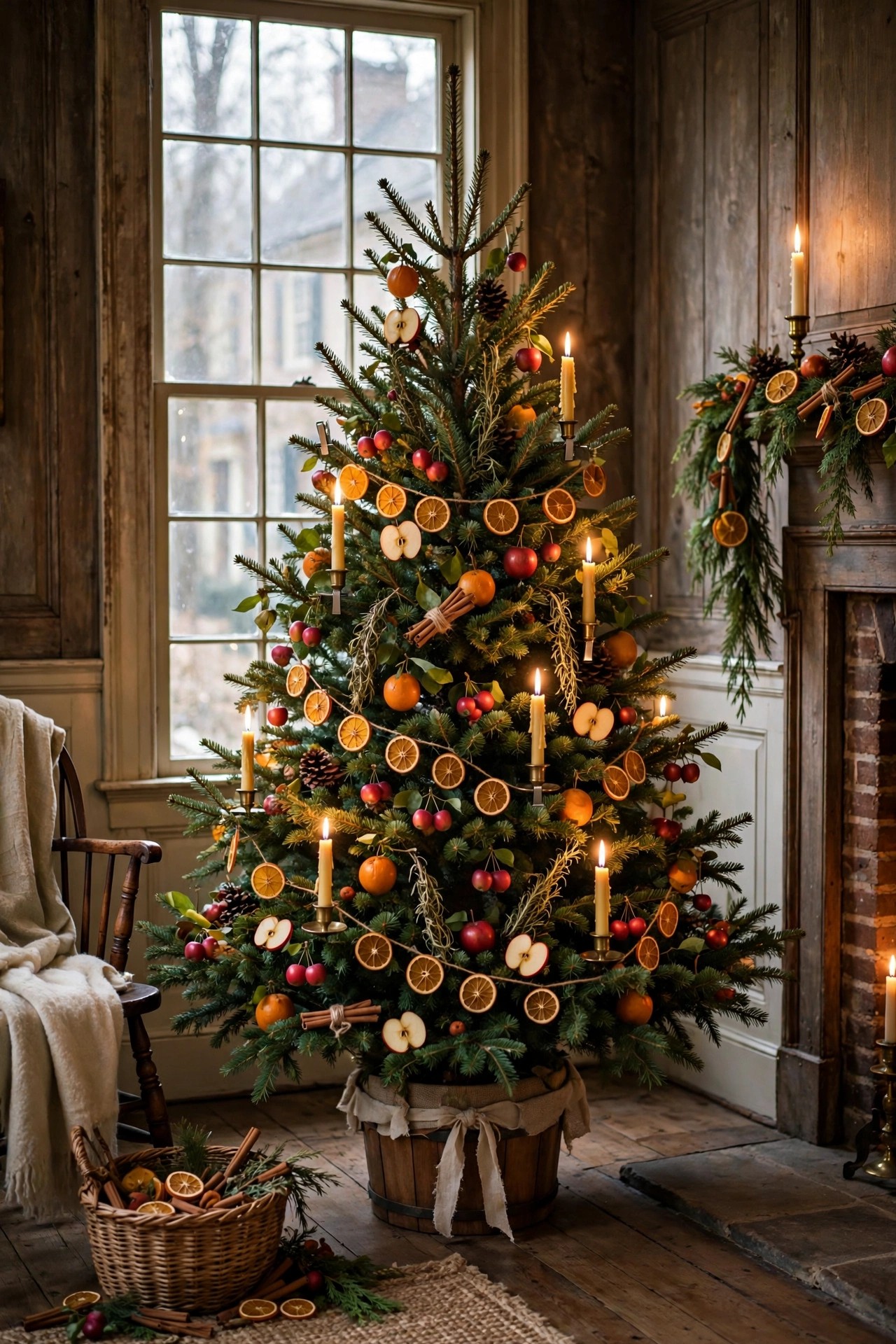 Colonial Williamsburg style Christmas tree with fruit and candles