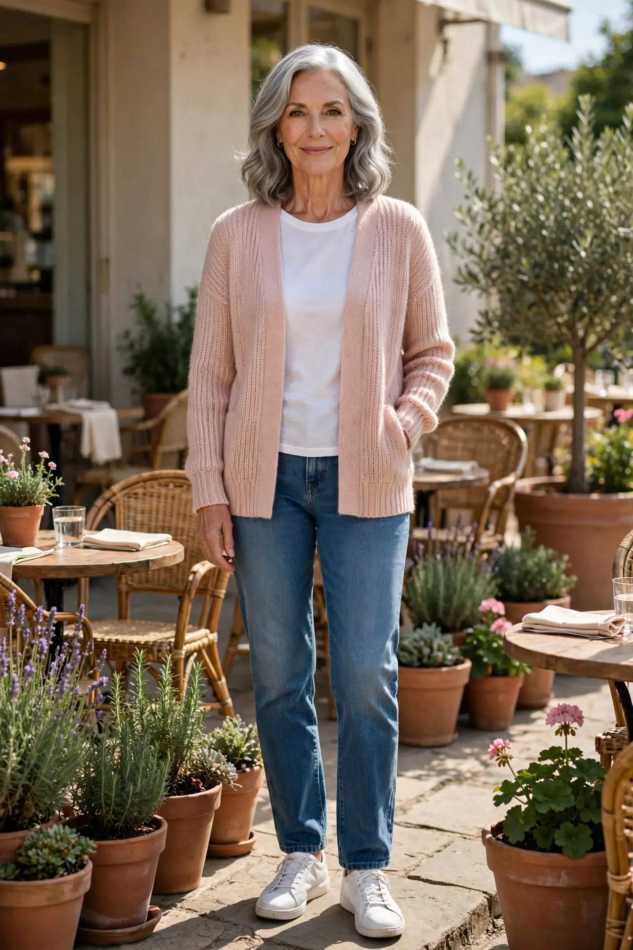 Woman over 50 with silver-grey hair wearing a blush pink cardigan, white tee and straight-leg jeans with white sneakers on a café terrace